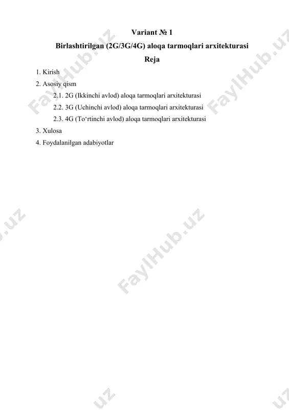 ersal mobile telecommunications system) va hsdpa (high-speed downlink packet access) kabi texnologiyalar foydalanuvchilarga video qo'ng'iroqlar, mobil internet va oqim (streaming) xizmatlaridan foydalanish imkonini berdi. 3g tarmoqlari 2g bilan solishtirganda ancha yuqori ma'lumot uzatish tezligini ta'minladi va zamonaviy mobil ilovalarning rivojlanishiga zamin yaratdi. 4g tarmoqlari (to'rtinchi avlod) esa lte (long term evolution) va lte-advanced standartlariga asoslanib, ma'lumot uzatish tezligini sezilarli darajada oshirdi. 4g tarmoqlari ip (internet protocol) asosidagi arxitekturaga ega bo'lib, past kechikish vaqti (latency) va yuqori tarmoq sig'imi tufayli bulutli xizmatlar, hd video oqimlari va real vaqt rejimida o'yinlar kabi ilg'or ilovalarni qo'llab-quvvatlaydi. shu bilan birga, 4g tarmoqlari 2g va 3g tarmoqlari bilan integratsiyalashgan holda ishlash imkoniyatiga ega bo'lib, bu foydalanuvchilarga uzluksiz aloqa tajribasini ta'minlaydi. birlashtirilgan 2g/3g/4g tarmoqlarining arxitekturasi bir nechta asosiy komponentlardan iborat bo'lib, ular orasida radio kirish tarmog'i (ran), yadro tarmoq (core network) va foydalanuvchi qurilmalari (ue - user equipment) muhim o'rin tutadi. ushbu tarmoqlarning sinxron ishlashi turli …