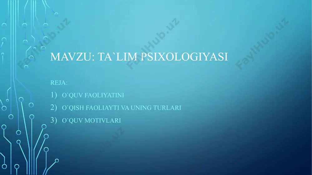 irish. tushunchalar shakllanishi bilan bog’liq. 4. insayt (taxmin). inson tomonidan qandaydir yangi informatsiyani qarab chiqish, o‘tmish tajribadan ma’lum narsada noma’lumni ko‘rishdir. insayt bolaning intellekti rivojlanishi uchun kognitiv baza hisoblanadi. 5. ijod. yangi bilim, ko‘nikma va malakalarni yaratish uchun asos hisoblanadi. rus psixologi a.n.leontev inson faoliyatining psixik va amaliy shakllari mavjudligini, bola ongi aynan o‘quv faoliyatida o‘sishini ta’kidlaydi. d.b.elkonin esa o‘quv faoliyatining xususiyatlarini ko‘rsatib, uni mohiyatiga, mazmuniga va o‘zini namoyon etish shakliga ko'ra ijtimoiyligini ta’kidlaydi o‘quv faoliyatining besh elementi mavjud: -o’quv motivlari -o’quv topshiriqlari -o’quv harakatlari -o’qituvchining nazorati o’qituvchining baholashi motiv — inson xulq-atvorining ichki barqarorligi, harakatga undovchi tushunchadir. motivatsiya esa xulq-atvorni psixologik va fiziologik boshqarishning dinamik jarayoni, motivlar yig‘indisi bo’lib, unga tashabbus, yo‘nalganlik tashkilotchilik, qo‘llab-quvvatlash kiradi. motivlar birinchidan, o‘quv faoliyatiga undasa, ikkinchidan, maqsadga erishish uchun zarur yo‘l va usullar tanlashga yordam beradi. 0 ‘quv faoliyatida o‘quv motivlari o‘quvchilar tomonidan tanlanib, ular o‘quvchining maqsadi, qiziqishi, kelajak rejalari bilan bevosita bog‘liq bo'ladi. …