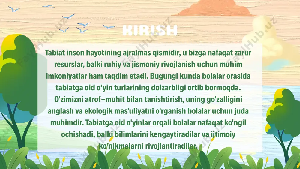 a shu kabilardir. bu o'yinlar bolalarning o'simliklar, hayvonlar jonsiz tabiat hodisalari haqidagi bilimlarini o'zlashtirish, aytilayotgan so'zga qarab predmetni tasvirlash ko'nikmasini shakllantirishga yordam beradi. o'yin so'z bilan birgalikda olib boriladi, so'z yo rasm idrok etilishidan oldin keladi yoki o'yin bilan uyg'unlashib ketadi. bunday o'yinlar ozchilik bolalar bilan o'tkaziladi. og'zaki o'yinlar («u nima uchun uchadi, yuguradi, sakraydi», «suvda, havoda, yerda», «kerakkerak emas» va shu kabilar) hech qandayjihoz talab qilinmasligi tufayli juda maqbuldir. ular u yoki bu predmetlarning vazifalari hamda harakatlari haqidagi bilimlarni mustahkamlash, umumlashtirish va bir tizimga solish maqsadida o'ynaladi. bu o'yinlar diqqatni, zehnni, qabul qilish tezligini, ravon nutqni rivojlantiradi. o'yin mashqlari va o'yin mashg'ulotlar aytib o'tilgan o'yinlardan tashqari bolalar bilan bo'ladigan ish jarayonida ko'pincha o'yin mashqlaridan («bargiga qarab daraxtni top», «sariq bargni olib kel» va boshqalar) foydalaniladi. o'yin mashqlari narsa va hodisalarni sifati hamda xususiyatiga ko'ra farqlashga o'rgatadi, kuzatuvchanlikni o'stiradi. bu o'yinlar butun guruh bolalari bilan yoki ularning bir qismi bilan …