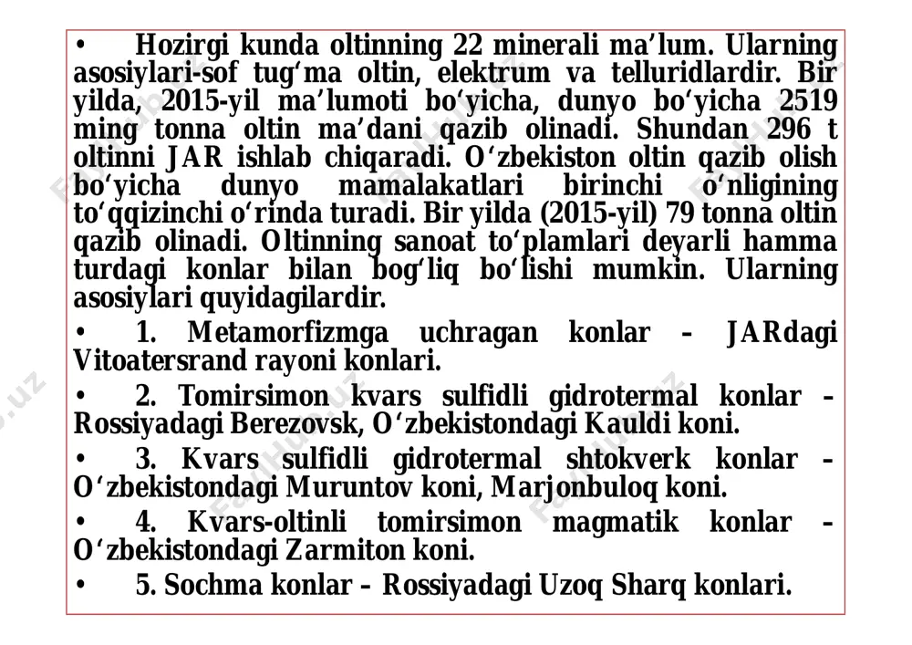 latina klarki 0,0002, solishtirma og‘irligi – 21,5, erish harorati – 1770°с, qaynash harorati – 2200 °с. • platina guruhi metallari kimyoviy ta’sirga juda chidamli. kislotalarda erimaydi. bu metallar zargarlikda, kime sanoatida, avtomobilsozlikda, neftni qayta ishlashda qo‘llaniladi. • ruteniy – kimyo sanoatida katalizator sifatida, elektr va radio texnikada qo‘llaniladi. • radiy – kimyo sanoatida va platinali qorishma• radiy – kimyo sanoatida va platinali qorishma sifatida, kimyo laboratoriyalari uchun shishalar tayyorlashda ishlatiladi. • palladiy – iridiy bilan qotishma sifatida avtomatik moslamalar tayyorlashda qo‘llaniladi. • osmiy va iridiy ba’zi bir ilmiy asboblar tayyorlashda etalon metr va kg o‘lchovlar tayyorlashda qo‘llaniladi. • platina – zargarlikda kimyoviy ta’sirga chidamli bo‘lgan laboratoriya idishlari tayyorlashda qo‘llaniladi (18- rasm). tabiatda 60 ga yaqin platina guruhiga kiruvchi metallar birikmalari aniqlangan. ularning asosiylari: poliksen, osmilit, ferroplatina, kuperit va boshqalar. • platina guruhiga kiruvchi metallarning dunyo bo‘yicha tabiiy zaxirasi 2005 yil ma’lumoti bo‘yicha 71 ming t, shu jumladan, 63 ming t …