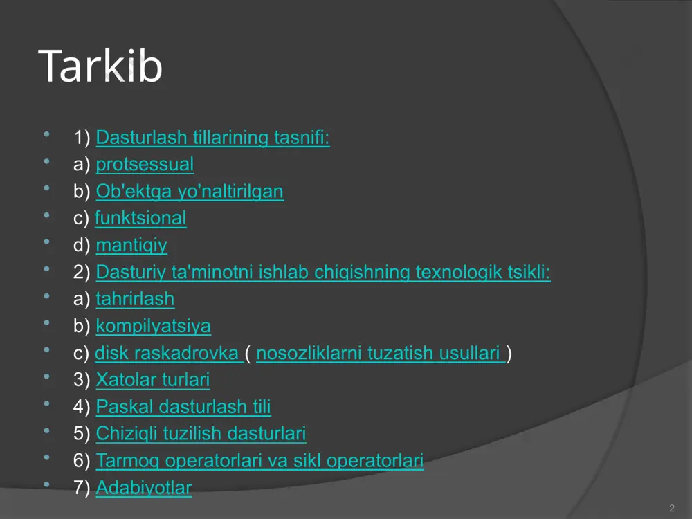 nterfeys. dasturlashga ushbu yondashuv uchun tillarga misollar: c++, delphi, javascript, python, swift ( yaqinda apple tomonidan taqdim etilgan ), php va boshqalar. 5 funktsional dasturlash tillari: funktsional dasturlash paradigmasining asosiy toshi funksiya hisoblanadi. funktsional dastur - bu funksiya ta'riflari to'plami. funktsiyalar boshqa funktsiyalar nuqtai nazaridan yoki o'zlari bo'yicha rekursiv ravishda aniqlanadi. dasturni bajarish jarayonida funktsiyalar parametrlarni qabul qiladi, hisoblaydi va natijani qaytaradi, agar kerak bo'lsa, boshqa funktsiyalarning qiymatlarini hisoblab chiqadi. funktsional tilda dasturlashda dasturchi baholash tartibini tavsiflashi shart emas. u faqat kerakli natijani funktsiyalar tizimi shaklida tasvirlashi kerak. funktsional tilda funksiyani bir xil argumentlar bilan chaqirganda, siz har doim bir xil natijani olishingiz mumkin: chiqish faqat kirishga bog'liq. bu funksional tilning ishlash vaqtlariga funksiyalar natijalarini keshlash va ularni algoritm tomonidan aniqlanmagan tartibda chaqirish va dasturchi tomonidan hech qanday qo'shimcha harakatlarsiz parallellashtirish imkonini beradi. funktsional dasturlash tillariga misollar: cat, dylan, f#, hope va boshqalar. 6 mantiqiy dasturlash tillari bunday tillar muammoni …