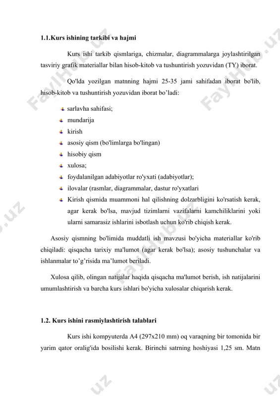 mida muammoni hal qilishning dolzarbligini ko'rsatish kerak, agar kerak bo'lsa, mavjud tizimlarni vazifalarni kamchiliklarini yoki ularni samarasiz ishlarini isbotlash uchun ko'rib chiqish kerak. asosiy qismning bo'limida muddatli ish mavzusi bo'yicha materiallar ko'rib chiqiladi: qisqacha tarixiy ma'lumot (agar kerak bo'lsa); asosiy tushunchalar va ishlanmalar to’g’risida ma’lumot beriladi. xulosa qilib, olingan natijalar haqida qisqacha ma'lumot berish, ish natijalarini umumlashtirish va barcha kurs ishlari bo'yicha xulosalar chiqarish kerak. 1.2. kurs ishini rasmiylashtirish talablari kurs ishi kompyuterda a4 (297x210 mm) oq varaqning bir tomonida bir yarim qator oralig'ida bosilishi kerak. birinchi satrning hoshiyasi 1,25 sm. matn 30-35 qatordan iborat bo'lishi kerak, 60 ta belgidan iborat bo'lishi kerak (so'zlar va tinish belgilarining orasidagi bo'shliqlarni hisoblash) va varaqning butun kengligi bo'ylab tekislanadi. har bir varoq standart: chapdan - 3 sm, o'ngdan - 1,5 sm, yuqori va pastdan - har biri 1,5 sm, harflar times new roman 14 o'lchamda bo’lishi kerak. shaxsiy fikrlarni, formulalarni, belgilarni kiritishga, shuningdek …