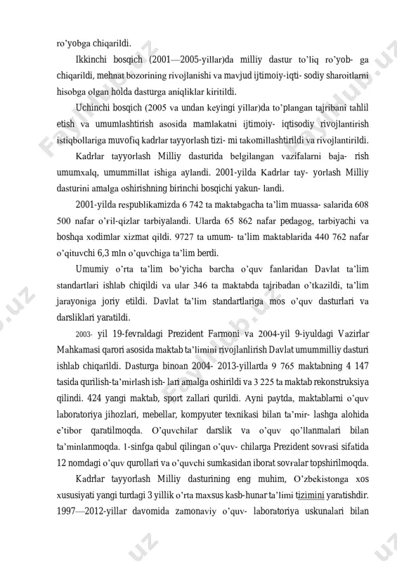 ish va rivojlanishi uchun huquqiy, ilmiy-uslubiy, moliyaviy- moddiy shart-sharoitlar yaratish vazifalari ro’yobga chiqarildi. ikkinchi bosqich (2001—2005-yillar)da milliy dastur to’liq ro’yob- ga chiqarildi, mehnat bozorining rivojlanishi va mavjud ijtimoiy-iqti- sodiy sharoitlarni hisobga olgan holda dasturga aniqliklar kiritildi. uchinchi bosqich (2005 va undan keyingi yillar)da to’plangan tajribani tahlil etish va umumlashtirish asosida mamlakatni ijtimoiy- iqtisodiy rivojlantirish istiqbollariga muvofiq kadrlar tayyorlash tizi- mi takomillashtirildi va rivojlantirildi. kadrlar tayyorlash milliy dasturida belgilangan vazifalarni baja- rish umumxalq, umummillat ishiga aylandi. 2001-yilda kadrlar tay- yorlash milliy dasturini amalga oshirishning birinchi bosqichi yakun- landi. 2001-yilda respublikamizda 6 742 ta maktabgacha ta’lim muassa- salarida 608 500 nafar o’g'il-qizlar tarbiyalandi. ularda 65 862 nafar pedagog, tarbiyachi va boshqa xodimlar xizmat qildi. 9727 ta umum- ta’lim maktablarida 440 762 nafar o’qituvchi 6,3 mln o’quvchiga ta’lim berdi. umumiy o’rta ta’lim bo’yicha barcha o’quv fanlaridan davlat ta’lim standartlari ishlab chiqildi va ular 346 ta maktabda tajribadan o’tkazildi, ta’lim jarayoniga joriy etildi. davlat …