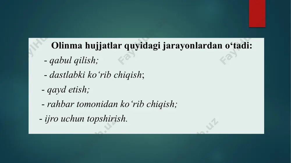 ilmaydigan hujjatlar ham bo‘ladi (1-ilovaga qarang), ular tegishli bo‘linmalarda ro‘yxatga olinadi (umumiy bo‘limda faqat kelgan sanasi qo‘yiladi). olinma, jo‘natma va ichki hujjatlar alohida-alohida ro‘yxatga olinadi. olinma va jo‘natma hujjatlarning ro‘yxatga olinish shartli raqami ro‘yxatdan o‘tkazish tartib raqami va yig‘majildlar nomenklaturasi bo‘yicha yig‘majild indeksi raqamlaridan iborat boiadi: masalan: 165/03-19 bu yerda: 165 - ro‘yxatdan o‘tkazish tartib raqami 03-19 - hujjat yoki uning nusxasi tikiladigan yig‘majild raqami. ichki hujjatlar ro‘yxatga olinayotganda, hujjat turiga qarab guruhlanadi va ularning har biri alohida qayd etiladi. masalan, asosiy faoliyat bo‘yicha buyruqlar, shaxsiy tarkib bo‘yicha buyruqlar, taftish dalolatnomasi, bayonnomalar, hisobotlar, bildirishnomalar, arizalar va h.k. ro‘yxatga olinishning tartib raqami har birida alohida bo‘ladi. ro‘yxatga olish indeksi yil davomida qo‘yiladi va yil boshidan qayta tartiblanadi. hujjatning nisbatan oz yoki ko‘pligiga qarab, ro‘yxatga olish daftari yoki ro‘yxatga olish nazorat varaqchasi qo‘llanadi. ro‘yxatga olish daftari hujjatlar soni uncha ko‘p bo‘lmagan tashkilotlarda qulaydir. yuqorida qayd etilganidek, bunday daftarlar olinma (kirish) qayd daftari, …