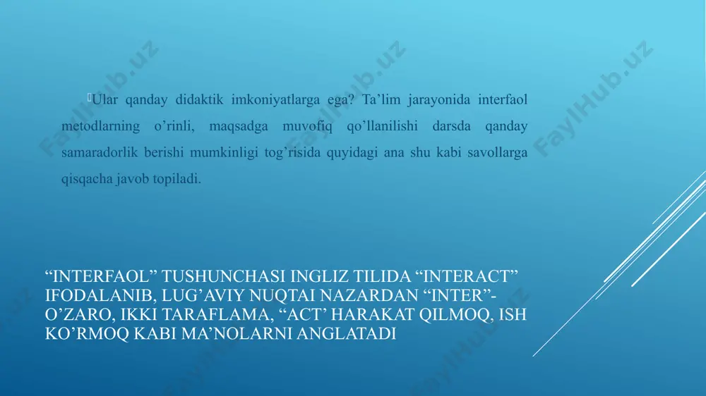 nazardan “inter”- o’zaro, ikki taraflama, “act’ harakat qilmoq, ish ko’rmoq kabi ma’nolarni anglatadi. interfaol metodlar deganda - ta'lim oluvchilarni faollashtiruvchi va mustaqil fikrlashga undovchi, ta'lim jarayonining markazida ta'lim oluvchi bo'lgan metodlar tushuniladi. xulosa kurs ishida boshlang‘ich ta’limda interfaol metodlarning o‘quvchilarning faolligini oshirishdagi, mustaqil fikrlashni rivojlantirishdagi va o‘qishga bo‘lgan qiziqishni oshirishdagi ahamiyati o‘rganildi. tadqiqot natijalariga ko‘ra, interfaol metodlarning qo‘llanilishi o‘quvchilarda ijtimoiy faollik, jamoaviy ishga yo‘naltirilganlik va ijodiy fikrlashni rivojlantirishga yordam beradi. o‘qituvchilar uchun interfaol metodlarni qo‘llashning nazariy asoslarini o‘rganish va amaliyotda samarali foydalanish muhimdir. /docprops/thumbnail.jpeg