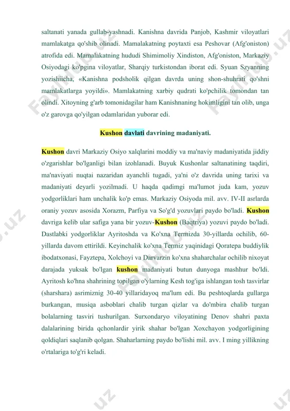 asi, fayztepa, xolchoyi va darvarzin ko'xna shaharchalar ochilib nixoyat darajada yuksak bo'lgan kushon madaniyati butun dunyoga mashhur bo'ldi. ayritosh ko'hna shahrining topilgan o'ylarning kesh tog'iga ishlangan tosh tasvirlar (sharshara) asrimiznig 30-40 yillaridayoq ma'lum edi. bu peshtoqlarda gullarga burkangan, musiqa asboblari chalib turgan qizlar va do'mbira chalib turgan bolalarning tasviri tushurilgan. surxondaryo viloyatining denov shahri paxta dalalarining birida qchonlardir yirik shahar bo'lgan xoxchayon yodgorligining qoldiqlari saqlanib qolgan. shaharlarning paydo bo'lishi mil. avv. i ming yillikning o'rtalariga to'g'ri keladi. milloddan avvalgi 250yilda vujudga kelgan yunon-baqtiriya podsholigiga o'rta osiyoning katta yerlari qatori surxon vohasi ham qaragan. bu podsholik davrida surxandaryoda ishtimoiy -iqtisodiy munosabatlar rivojlanib ,sinfiy tabaqalanish ham kuchaydi .shaharlar ravnaq topdi. hunarmandchilik va tashqi savdo yuksaldi .yunon ,hind va turon xalqlari madaniyati omuhtalashib, o'ziga xos yuksak madaniyat vujudga keldi. shu davrga oid ko'hna binolarning harobalari termiz atroflaridan ham topilgan. milod boshlarida surxandaryo kushonlar davlati tarkibiga kirdi. kushonlar dastlab toxarlar davlati o'rnida bir asr …
