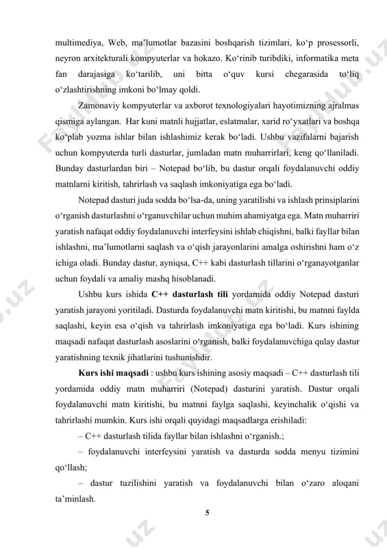 agilar: #include , #include #include #include #include va boshqalar makrolar (#define) – dastur bajarilishi davomida o‘zgaruvchi ko‘rsatilgan qiymatni qabul qilishi uchun (const). unda makroning nomi va qiymati ko‘rsatiladi. masalan: #define pi 3.1415 #define x 556 #define s[100] #define m x*x*x main () funksiyasi– asosiy degan ma’noni anglatadi. bu funksiya “{” belgisidan boshlanadi va dasturning asosini tashkil etuvchi o‘zgaruvchilarning toifalari ko‘rsatiladi. dastur “}” belgisi bilan yakunlanishi shart. agar dasturda qism dasturlardan foydalanilayotgan bo‘lsa, ularning nomlari va haqiqiqy parametrlari keltiriladi. so‘ngra dasturning asosiy buyruqlari yoziladi. agar buyruqlar murakkab bo‘lsas, ular alohida “{ }” belgilari orasiga olingan bo‘lishi kerak. с++ tilida dasturning asosi bo‘lmish buyruqlar kichik harflar bilan yoziladi. buyruqlar nuqta-verguk bilan (;) yakunlanadi. buyruqlar bir qator qilib yozilishi ham mumkin. c++ dasturlash tilida dastur funksiya va funksiyalardan tashkil topadi. agar dastur bir nechta funksiyalardan tashkil topgan bo‘lsa, bir funksiyaning nomi main deb nomlanishi shart. dastur aynan main funksiyasining birinchi operatoridan boshlab bajariladi. …