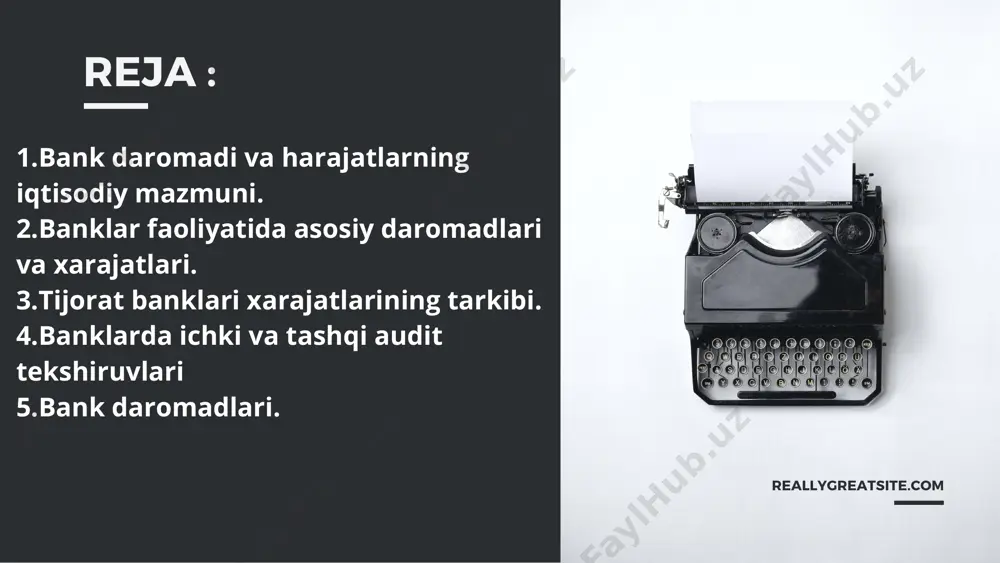 zini bank kreditorlari va omonatchilarining mablag‘lari tashkil etadi. shunday ekan, kreditorlar va omonatchilar manfaatlari bankning manfaatlari bilan uyg‘unlashgan tarzda faoliyat yuritishi lozim item 1 item 2 item 3 item 4 item 5 0 10 20 30 40 50 bank faoliyati tahlilining turlari asosan belgilangan maqsad va vazifalarga bog‘liqdir. bundan tashqari, tahlil amalga oshirilayotgan zamon va makon, tahlil obyekti va subyektlari masalalari ham inobatga olinmog‘i zarur reallygreatsite.com ichki audit — bank xodimlarining o‘z vazifalarini samarali bajarishlariga yordam berish maqsadida bank faoliyatini tekshirish va baholash uchun bank ichida doimiy asosda tuzilgan mustaqil ekspertiza. ichki auditning asosiy maqsadi bo‘lib ichki audit xizmati tomonidan bank rahbariyatiga bank faoliyatining nazorati va natijalari bo‘yicha xolisona tahlil, baho, tavsiyalar va ma’lumotlar taqdim etish orqali bank kengashi va boshqaruviga bank faoliyati maqsadiga erishishiga ko‘maklashish hisoblanadi. ichki audit xizmati (keyingi o‘rinlarda “audit xizmati”) — bankda ichki nazorat holatini, jumladan moliya-xo‘jalik faoliyati samaradorligi, hisobning ishonchliligi va aniqligi, hisobotlarning to‘liqligi va …