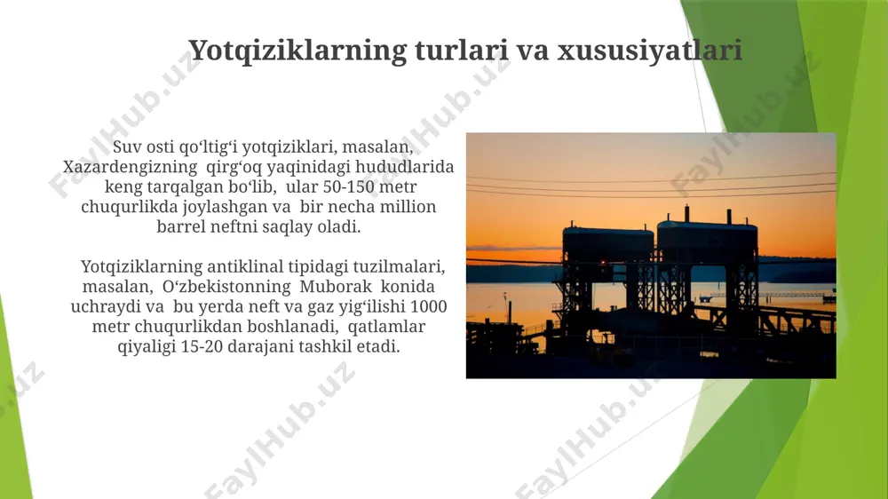 ida joylashgan qatlamli tuzilmalarda sodir boʻladi. dunyo miqyosida neft va gaz konlarining 70% dan ortigʻi, mesozoik va kaynozoik davrlarga toʻgʻri keladigan choʻkindi jinslarda topilgan. neft va gaz konlarining geologiyalik xususiyatlari qatlamning oʻtkazuvchanligi va porozligi neft va gazning yigʻilishini belgilaydi, misol uchun, 30% porozlik va 100 md oʻtkazuvchanlikli qumtoshli qatlamlar yaxshi rezervuar hisoblanadi. neft va gaz konlarining shakli va oʻlchamlari tektonik tuzilmalarga bogʻliq boʻlib, masalan, antiklinal burmalar 10 km² dan 100 km² gacha boʻlishi mumkin. tuzoqlarning turlari surxondaryo viloyatining dengizkul konida 30 dan ortiq neft va gaz yotqiziqlari aniqlangan boʻlib, ularning har biri turli geologik davrlarga va chuqurliklarga tegishli. oʻzbekistonning gʻarb gissor tizmasida, taxminan 1500 metr chuqurlikda joylashgan neft va gaz konlari, asosan, qumtosh va ohaktosh qatlamlarida uchraydi. tektonik harakatlarning taʼsiri alp togʻ tizimining tektonik faolligi natijasida, taxminan 10-15 million yil oldin yuz bergan siljishlar tufayli, oʻrta yer dengizi havzasida katta miqdorda neft va gaz konlari hosil boʻlgan. janubiy amerikadagi andes …