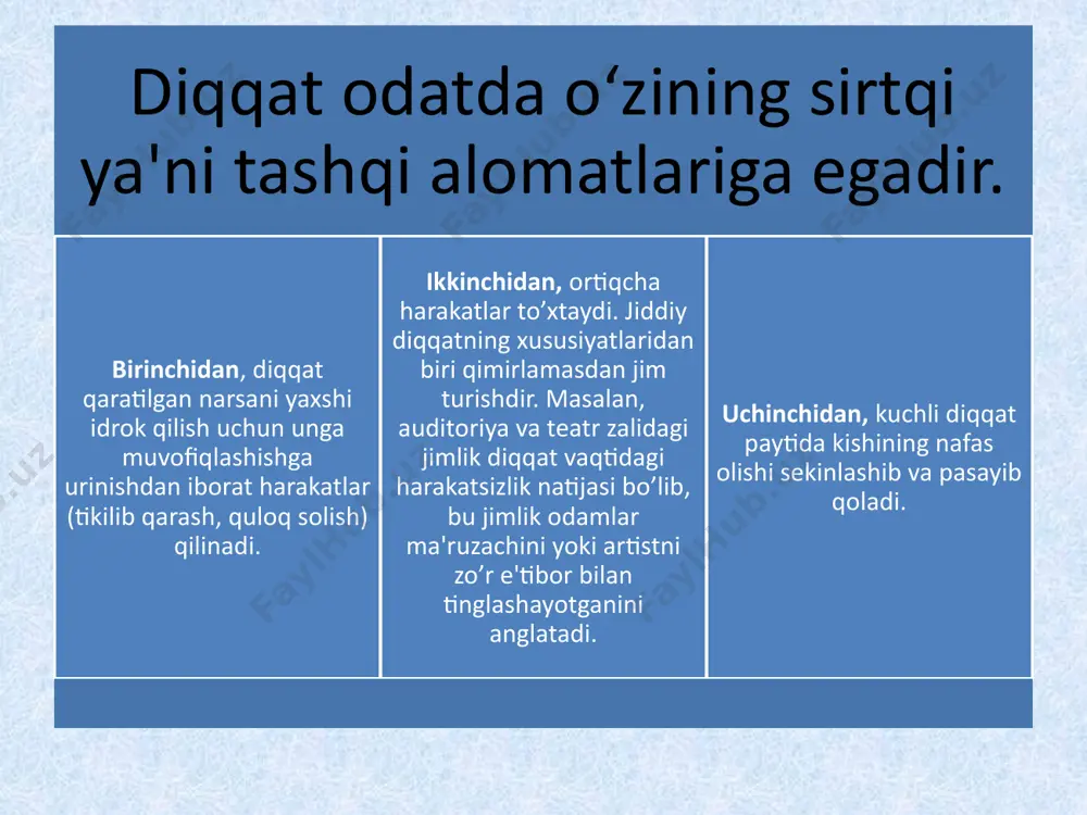 aloqador bo’lgan ikkita ustanovka turini ajratib ko’rsatadi, ular: sensor ustanovka tayyorgarlikda idrokning ustunligi qobiliyati tayyorgarlikda harakatning ustunligi qobiliyati motor ustanovka diqqatning natural (tabiiy) rivojlanishi. diqqatning madaniy rivojlanishi. l.s.vigotskiy diqqat rivojlanishining ikkita yo’nalishini ko’rsatadi diqqatning natural (tabiiy) rivojlanishi bunda muallif umumorganik rivojlanishini tushuntiradi, ya'ni markaziy nerv tizimining strukturaviy va fuksional jihatdan o’sishini ko’rsatadi. bu rivojlanish butun hayot davomida bo’ladi, ammo bunda "sekinlashgan" va "bir oz pasaytirilgan" ko’rinishlari mavjud. diqqatning madaniy rivojlanishi bunda ixtiyoriy diqqatning namoyon bo’lish xususiyati madaniy konsepsiya bilan bog’liq deb tushuntiriladi. katta yoshdagi odamlar diqqatining psixologik mexanizmi haqida gapirib, tashqi operasiya organizm xulqini ichki operasiyasiga aylanadi, deydi. madaniy rivojlanish bola tashqi muhit bilan aloqa qila boshlagandan o’sa boshlaydi. a.n.leontev bolalarda diqqat shaklarini tahlil qilib 3 ta bosqich mavjudligini ko’rsatdi natural bevosita,to’g’ridan-to’g’ri aktlardan iborat tashqi belgining ahamiyatini egallash, tushuna bilishlari turadi tashqi taassurotlarning ichki ta'sirlarga aylanish jarayoni bilan bog’liq bo’lib, bu asosan katta yoshdagi kishilarda bo’ladi. h.n.lange, diqqatning tabiatini tushuntirib …