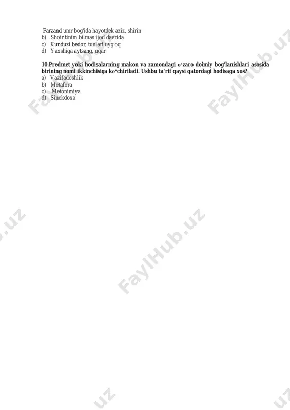 umr bog'ida hayotdek aziz, shirin b) shoir tinim bilmas ijod davrida c) kunduzi bedor, tunlari uyg'oq d) yaxshiga aytsang, uqar 10.predmet yoki hodisalarning makon va zamondagi o‘zaro doimiy bog'lanishlari asosida birining nomi ikkinchisiga ko‘chiriladi. ushbu ta'rif qaysi qatordagi hodisaga xos? a) vazifadoshlik b) metafora c) metonimiya d) sinekdoxa