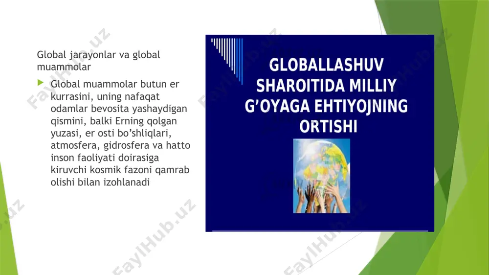 ham, umuman fanning rivojlanishi ham mumkin emas. shunday qilib, ayni holda, bir tomondan, masalalarning falsafiy echimi to’g’risida, boshqa tomondan esa – falsafa fanlarning keng doirasi o’zaro aloqa qilishini rag’batlantirishi, bunda ularning fanlararo birlashuvi muhim o’rin tutishi to’g’risida so’z yuritiladi. garchi falsafa odamlarning kundalik hayoti va amaliyotidan ancha uzoqda bo’lgan haddan tashqari umumiy masalalarni o’rganadi, degan fikr mavjud bo’lsa-da, u (falsafa) global muammolarni yechishda muhim rol o’ynaydi. zero, umumiy nazariyalar ba’zan bilimning aksariyat muayyan sohalariga qaraganda ko’proq samara berishi mumkinligi yaxshi ma’lum. global muammolarni falsafiy anglab yetishning o’ziga xos xususiyatlarini tavsiflar ekanmiz, falsafaning asosiy funksiyalaridan kelib chiqadigan va bilishning shu shakligagina xos bo’lgan xususiyatlarni qayd etib o’tamiz. falsafa va hozirgi zamon. falsafa nafaqat insonning azaliy muammolari va g‘am-tashvishlarini, balki uning so‘nggi yillarda fan-texnika taraqqiyoti ta’sirida tobora jadalroq sur’atlarda, shu jumladan dunyo miqyosida o‘zgarayotgan real hayoti kundalik amaliyotini ham aks ettiradi. shu munosabat bilan yuzaga kelayotgan yangi hodisalar, g‘ayrioddiy qiyinchiliklar va alohida …
