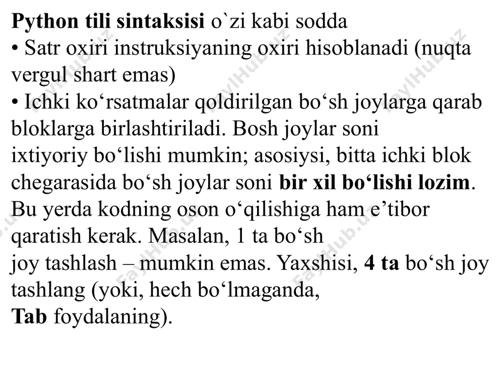 amali: // - butun qismli bo’lish amali: % - qoldiqli bo’lish amali: ** - darajaga ko’tarish (oshirish) amali: yuqoridagi barcha arifmetik amallarni o‟zlashtirish amali (=) bilan birgalikda (arifmetik amal va undan keyin “=” belgisi ketma-ket yoziladi) ishlatish mumkin. masalan: +=, -=, *=, /=, //=, %=, **=. bunday hollarda ifodaning o‟ng tomonidagi barcha amallar hisoblanib, chiqqan natija chap tomondagi o‟zgaruvchi natijasi bilan mos arifmetik amal bajariladi va natija yana chap tomondagi o‟zgaruvchiga yuklanadi. image1.png image2.png image3.png image4.png image5.png image6.png image7.png image8.png image9.png image10.png image11.png image12.png /docprops/thumbnail.jpeg