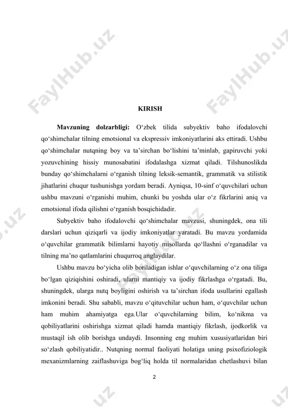 lishi: kirish qismi, ikki bob, to‘rt paragraf, xulosa va foydalanilgan adabiyotlar ro‘yxatidan iborat. i.bob. subyektiv baho ifodalovchi qo‘shimchalarning nazariy asoslari 1.1.subyektiv baho ifodalovchi qo‘shimchalarning ma’no va funksiyalari subyektiv baho ifodalovchi qo‘shimchalar o‘zbek tilining boy leksik tizimida muhim o‘rin tutadi. ular tilning ekspressiv imkoniyatlarini kengaytirib, so‘zlar orqali gapiruvchi yoki yozuvchining hissiy bahosini, munosabatini yoki qarashlarini ifodalashga yordam beradi. bu qo‘shimchalar tilni boyitadi, so‘zlarning mazmunini chuqurlashtiradi va nutqning ta’sirchanligini oshiradi. 1. subyektiv baho tushunchasi va uning xususiyatlari subyektiv baho ifodalovchi qo‘shimchalar gapiruvchi yoki yozuvchining o‘z fikrini yoki munosabatini bildiradigan morfemalardir. ular so‘zga emotsional tus berib, gapning ma’no qatlamlarini kengaytiradi. bunday qo‘shimchalar tilda subyektiv bahoni ifodalovchi vositalar sifatida o‘z vazifalarini bajaradi. subyektiv baho tilning nutq yaratish va muloqotda bo‘lish jarayonidagi ko‘plab funksiyalarni amalga oshiradi, shu jumladan hissiy ta’sir ko‘rsatish, o‘zaro munosabatlarni ifodalash va nutqni boyitish. subyektiv baho ifodalovchi qo‘shimchalar tilga qo‘shilganida, so‘zning ma’nosi kengayadi, o‘zgaradi yoki kuchayadi. bu qo‘shimchalar asosan tilning leksik va …