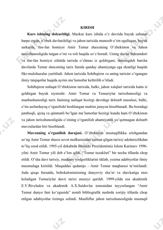 qilgan tarixiy adolatsizlikdan to’liq ozod etildi. 1995-yil dеkаbrdа birinchi prеzidеntimiz islom kаrimоv 1996-yilni аmir tеmur yili dеb e’lоn qildi. “tеmur tuzuklаri” bir nеchа tillаrdа chоp etildi. o’shа dаvr tаriхiy, mаdаniy yodgоrliklаrini tiklаb, yozmа аdаbiyotlаr ilmiy muоmаlаgа kiritildi. muqаddаs qаdаmjо - аmir tеmur mаqbаrаsi tа’mirlаndi. judа qisqа fursаtdа, bоbоkаlоnimizning dunyoviy shа’ni vа shаvkаtigа mоs kеlаdigаn tеmuriylаr dаvri tаriхi muzеyi qurildi. 1999-yilda esa akademik e.v.rtveladze va akademik a.x.saidovlar tomonidan tayyorlangan “amir temur dunyo fani ko‘zgusida” nomli bibliografik nashrda xorijiy tillarda chop etilgan adabiyotlar tizimga solindi. mualliflar jahon tarixshunosligida mustaqil “temurshunoslik” ilmiy yo‘nalishi shakllanganini e’tirof etishdi. shuningdek, “amir temur jahon tarixida” nomli nashrining “amir temur davri tarixnavisligi” bobidagi “ilmiy izlanishlar” qismida o‘zbekiston va xorij tadqiqotchilarining ishlari tahlil qilindi. nashrda “amir temur shaxsini biryoqlama, tor va bir xil tarzda talqin etishdan iborat dastlabki ko‘nikmalardan uni chuqur, keng va har yoqlama idrok etishga asta-sekin o‘tish tadriji sodir bo‘ldi”- degan xulosaga kelinishi tarixshunoslikdagi ilmiy burilishdir. 2003-yilda …
