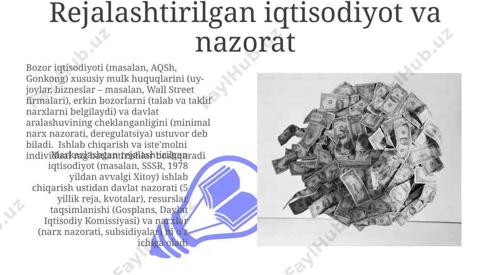o'llab-quvvatlaydi va raqobatni rivojlantiradi; cheklangan davlat aralashuvi (masalan, aqshning monopoliyaga qarshi qonunlari) narxlar va resurslar taqsimotini ta'sir qiladi va millionlab odamlarga ta'sir ko'rsatadi. tengsizlik haqida marksist tanqid kapitalistik ishlab chiqarish usullari ortiqcha qiymatni tortib olish orqali sinfiy tengsizlikni vujudga keltirishi haqida bayon qiladi; tadqiqotlar yer egaligining konsentratsiyasi (masalan, lotin amerikasi latifundiya tizimlari) va qishloq qashshoqligi o'rtasidagi bog'liqlikni ko'rsatadi; teng taqsimotga intiluvchi sotsialistik va kommunistik iqtisodiy modellar amaliy tatbiq etishda qiyinchiliklarga duch keldi (masalan, sovet ittifoqining markazlashtirilgan rejalashtirilgan iqtisodiyoti); mulk huquqlari, turlicha tuzilgan, boylik taqsimiga ta'sir qiladi pikettiyning "xxi asrda kapital" kitobi boylikning vaqt o'tishi bilan to'planish moyilligini (r>g) ko'rsatadi; soliq siyosati (masalan, skandinaviya mamlakatlaridagi progressiv soliqqa solish va boshqa joylardagi regressiv soliqqa solish) boylik taqsimotini sezilarli darajada ta'sir qiladi; globalizatsiya va texnologik taraqqiyot "g'olib hammasini oladi" stsenariylarini yaratish orqali tengsizlikni kuchaytiradi; mulk va meros soliqlari turli iqtisodiy tizimlarda boylik farqlarini kamaytirishda muhim vositalar hisoblanadi e'tiboringiz uchun rahmat @taqdimot_robot image4.jpg image5.jpg …