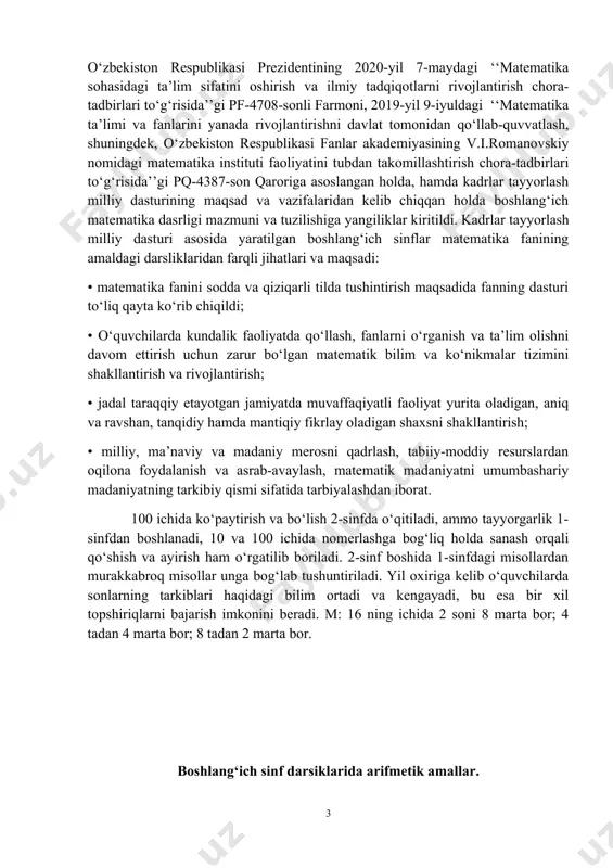 bosqichlaridan ularning tiklash faoliyatini aktivlashtirishga tayanch faktlar va kuzatishlarni o‘z vaqtida umumlashtirishga,ayrim masalalar orasidagi o‘zaro bog‘lanishni tayinlashda, bolalarda mustaqil ishlash o‘quvlarini paydo qilishda qaratilgan yangi ilmiy asoslangan usul va uslubdagi maktab dasturiga kiritilgan. o‘quv materialini o‘quv yillari bo‘yicha taqsimlanishida o‘rganilayotgan sonlar sohasini asta-sekinkengayib borishi ko‘zsatiladi. 1-sinf idan 20 gacha sonlar. 2-sinf idan 100 gacha sonlar. 3-sinf idan 1000 gacha sonlar. 4-sinf idan 1000000 gacha sonlar. va xakozo ya’ni ko‘p xonali sonlar o‘rganiladi. arifmetik amallarga doir material konsentrlarga bo‘lib o‘rganiladi. hammasi bo‘lib 5 ta konsentr ko‘zda tutiladi: o‘nlik, ikkinchi o‘nlik, yuzlik, minglik, ko‘p xonali sonlar. har bir konsert o‘z mazmuniga ko‘ra sistematik arifmetika kursining asosiy masalalarni aks ettiradi, shiming uchun o‘quvchilar u yoki bu chegaralar ichida sonlar ustida amallarni o‘rganar ekanlar,umuman arifmetikaning mohiyati to‘g‘risida tasavvur hosil qiladilar. har gal yangi sonli material asosida amallar bajarishga qayta-qayta murojaat etish eng muhim arifmetik tushunchalarning mazmunini chuqurlashtirish va kengaytishga imkon beradi. bundan tashqari, mustahkam …