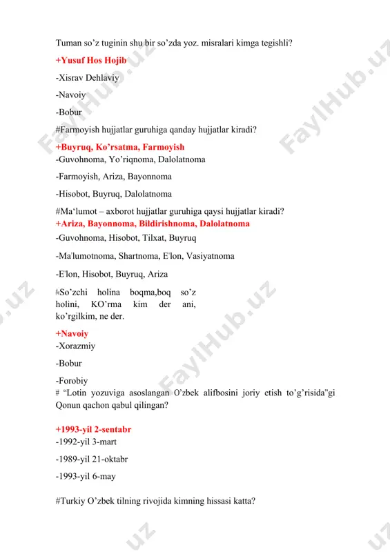 lar so’zligi”, “turk tillari lug‘ati» --- ruscha – o’zbekcha matematik terminlar lug’ati», «chet tilidan kirgan so’zlar lug’ati» -barcha javoblar to’g’ri #istiqloldan so’ng yaratilgan “o’zbek milliy ensiklopediyasi” necha jilddan iborat va o’zmening i – xi jildlarida taxminan qancha maqola berilgan? +12 jild, 50 ming maqola -14 jild, 40 ming maqola -13 jild, 30 ming maqola -12 jild, 40 ming maqola #turli fan, texnika, madaniyat kabi turli soha haqida kerakli ma’lumotlar beruvchi asar… +qomusiy lug’atlar deyiladi -ko’p tillik lug’atlar deyiladi -tarixiy lug’atlar deyiladi -terminologik lug’atlar deyiladi #1971-1980-yillarda nashr etilgan o’zbek sovet ensiklopediyasi necha jilddan iborat edi? +14 jild -2 jild -10 jild -30 jild #talabalarning o’quv-tadqiqot ishlarini nomlang? +nazorat ishi, referat, kurs ishi,bitiruv malakaviy ish -ilmiy ma‘ruza, axborot, hisobot -tezis, taqriz,maqola -risola, annotatsiya, maqola #so’zning o’zi ifodalayotgab voqelikka mutlaqo mos va muvofiq kelishi deyiladi? +nutqning mantiqiyligi -nutqning sofligi -nutqning izchilligi -nutqning ravonligi #til madaniyatining asosiy tekshirish obekti nima? +adabiy til me‘yorlari -lug’at …