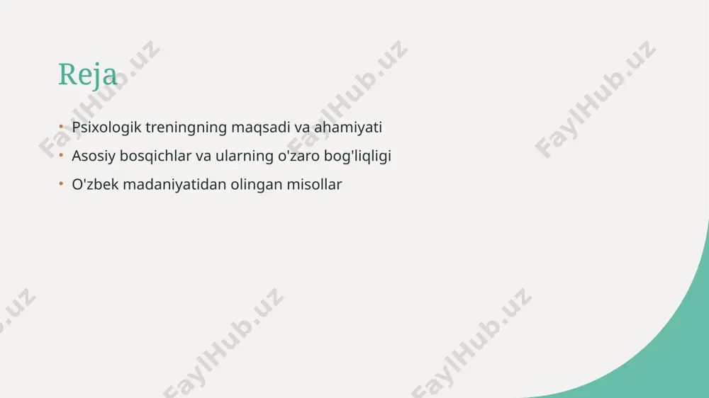 jtimoiy munosabatlarni rivojlantirishga xizmat qiladi, insonlar orasidagi muloqotni kuchaytiradi va samarali hamkorlikni ta'minlaydi. 03 amaliy yondashuvlar o'z-o'zini anglash va ijtimoiy munosabatlarni yaxshilash uchun amaliy yondashuvlar, masalan, ro'yxatga olish va guruh ishlarini o'z ichiga oladi. psixologik treningning asosiy bosqichlari: nazariy asoslar va amaliy qo'llanilishi. 1 psixologik tayyorgarlik psixologik trening boshlanishida, ishtirokchilar o'z maqsadlarini aniqlab, tayyorgarlik jarayonlarini rejalashtirishlari zarur. bu bosqichda motivatsiya muhim ahamiyatga ega. 2 nazariy asoslar psixologik treningning nazariy asoslari, inson psixologiyasi va rivojlanish nazariyalari bilan bog'liq. bu bilimlar amaliyotga qo'llanilishida yo'naltiruvchi rol o'ynaydi. 3 amaliy qo'llanilishi psixologik treningning amaliy qo'llanilishi, o'z-o'zini anglash va ijtimoiy munosabatlarni yaxshilashga yordam beradi. o'ziga xos metodlardan foydalanish samaradorlikni oshiradi. bosqichlar o'rtasidagi bog'liqlik: o'zaro ta'sir va muhim omillar. 1 bosqichlar o'rtasidagi aloqalar har bir psixologik trening bosqichi o'zaro bog'liq bo'lib, ularning samaradorligi umumiy muhit va shaxsiy tajribalarga bog'liq. 2 o'zaro ta'sir bosqichlar orasidagi o'zaro ta'sir, shaxsning rivojlanish jarayonida muhim rol o'ynaydi, chunki har bir bosqich …