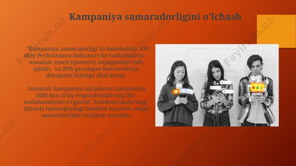 sh va yangi bozorlarga kirishni ta'minlaydi. samarqanddagi kichik biznes egalarining 70% ijtimoiy tarmoqlarni marketing vositasi sifatida ishlatish bilan bog'liq qiyinchiliklarga duch kelishmoqda, bu esa o'quv kurslari va qo'llab-quvvatlash dasturlariga bo'lgan ehtiyojni ko'rsatadi. brand xabardorligini baholash "xabardor" brendining instagramdagi 70% kontenti video formatida bo'lib, farg'ona vodiysida joylashgan auditoriya orasida 25% ga yuqori ko'rish natijalarini qayd etdi. samarqand viloyatida o'tkazilgan so'rov natijalariga ko'ra, "xabardor" brendining ijtimoiy media mazmuni 4.5 balldan 5 ball bilan baholandi, bu esa yuqori darajadagi mijozlar qoniqishini ko'rsatadi. metriklar va ko'rsatkichlarni tanlash youtube'dagi video tomoshalar soni va o'rtacha tomosha vaqti (average view duration), masalan, 100.000 tomosha va 5 daqiqa o'rtacha tomosha vaqti, rossiyada musiqa kanallarida odatiy hol bo'lishi mumkin, shu sababli bu raqamlarni taqqoslash maqsadga muvofiq. ijtimoiy media kampaniyalari samaradorligini baholashda, masalan, facebook’dagi 1000 ta reklama ko'rsatishiga nisbatan 20 ta konversiya soni konversiya stavkasini (cr) aniqlashda muhim ko'rsatkich hisoblanadi va bu raqamni 2024 yil uchun rejalashtirish lozim. kontent strategiyasini …