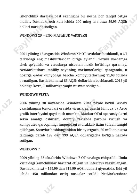 ngan. kamchiliklarning bir qismi windows 8.1 da bartaraf etildi. dastlabki olti oy ichida 100 milliondan ortiq nusxasi sotildi. ilk narxi 14,55 dan 199,99 aqsh dollarini tashkil etgan. 2015 yil iyun oyi holatiga ko‘ra, 10,68 foiz shaxsiy kompyuterlarda undan foydalanilmoqda. windows 10 2015 yilning 25 iyulida yangi talqin windows 10 sotuvga chiqarildi. u barcha platformalar – serverladan tortib, mobil telefonlar uchun yagona tizimga aylandi. o‘zgartirilgan elementlar orasida shaxsiy kompyuterlar uchun "pusk" menyusi va tugmasining qaytishini alohida ta'kidlab o‘tish mumkin. windows 7 va windows 8 ot foydalanuvchilari yangi talqinga bepul “apgreyd” ga ega bo‘lishdi, yangi nusxa 119 dan 199 aqsh dollari qiymatida edi. ilk 2,5 oy mobaynida yangi tizim 110 milliondan ortiq kompyuterlarda o‘rnatildi, operatsion tizim bozoridagi ulushi 2015 yil noyabr oyi holatiga ko‘ra, 7,94 foizni tashkil etmoqda. bozordagi ulushi netmarketshare ma'lumotlariga qaraganda, windows’ning barcha talqinlari dunyodagi shaxsiy kompyuterlardagi ot umumiy bozorining 90,42 foizini egallaydi. serverlar bozoridagi ulushi – 30 foizga yaqin …