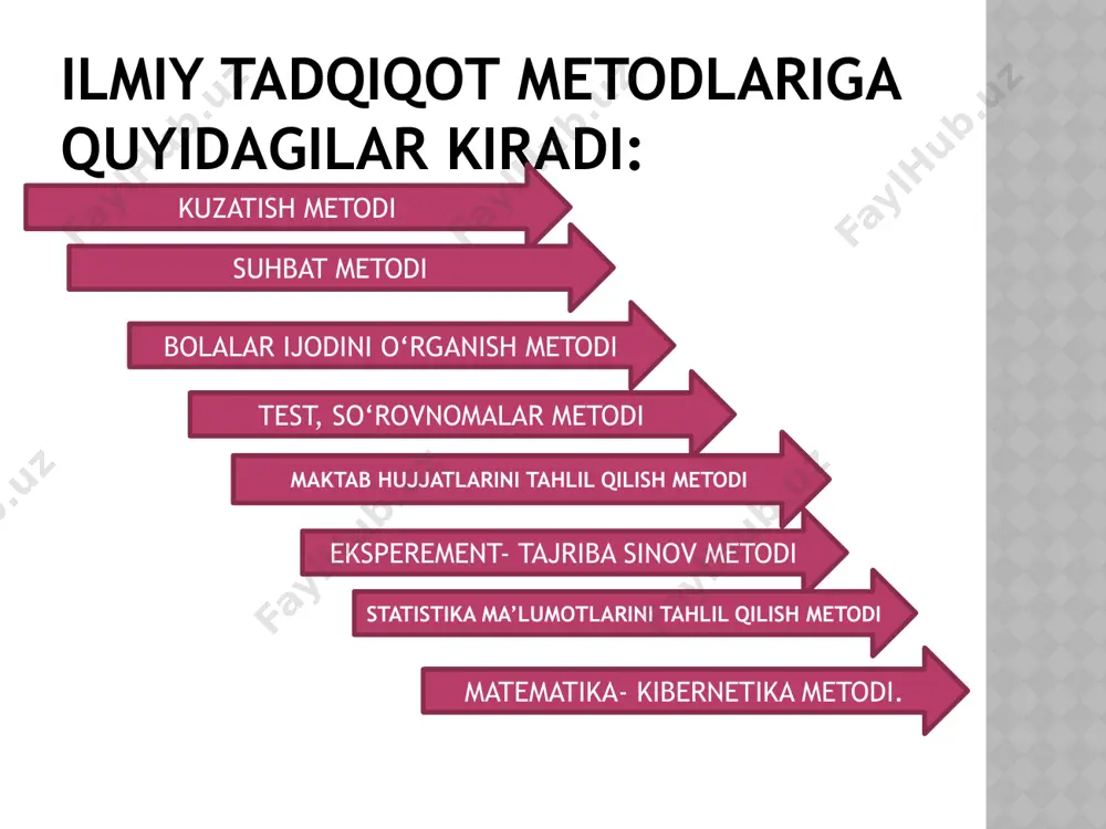 larni aniqlash, natijalarni hisobga olish asosida yangi metodlarni tadbiq etishga, ta`lim-tarbiya samaraligini oshirishga qaratiladi. shuningdek, ta`lim-tarbiya jarayonining borishini, tuzilishi va natijalarini oldindan ko`ra bilish imkoniyatini beradi. eksperiment metodi sharoitga qarab 3 xilda o`tkaziladi: 1) tabiiy eksperiment; 2) laboratoriya eksperimenti; 3) amaliy tajriba. pedagogik eksperiment o`z mazmuniga ko`ra didaktik, tarbiyaviy, maktabshunoslik muammolari yuzasidan o`tkaziladi. pedagogik eksperiment tajriba ishlarini o`tkazishda quyidagi talablar mavjud: ishning aniq, ilmiy jihatdan asoslangan farazini aniqlash va kutilishi lozim bo`lgan natija uchun reja belgilash lozim. ilmiy ish yoki pedagogik faoliyat uchun aniq obyekt belgilash, amalga oshirish borasida qo`shimcha metodlarni aniqlash. tajriba ishi o`tkazish vaqtini va muddatini belgilash. tajriba uchun lozim bo`lgan asbob-uskuna va boshqa hokazolarning tayyor turishi; eksperiment natijalarini zudlik bilan tahlil qilish va tegishli xulosa chiqarish va tavsiyalar berish kerak. eksperiment-tajriba sinov metodi pedagogik tadqiqot statistika ma`lumotlarisiz, ularning tahlilisiz o`zligini namoyon eta olmaydi. chunki nafaqat ilmiy izlanishlar borasidagi, balki xalq ta`limi sohasidagi, jumladan, ajratilgan mablag’larning oshirilishi, xalq …
