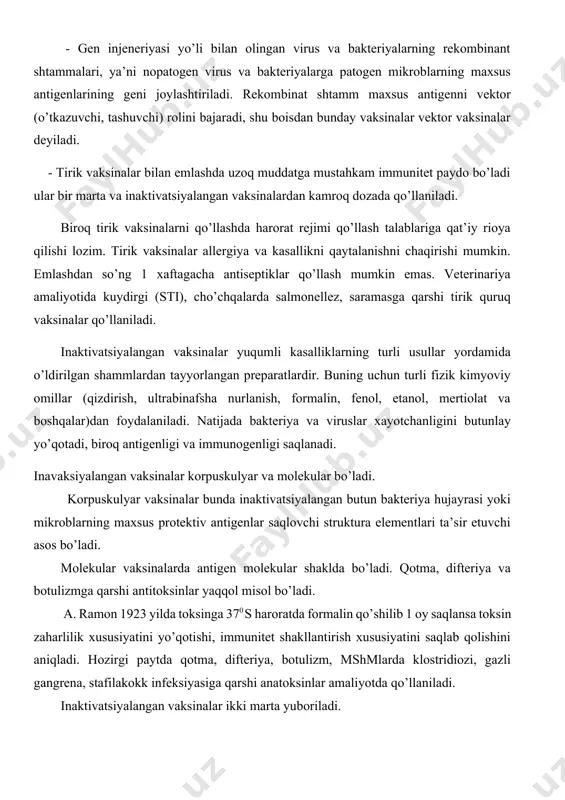 m, mshmlarda klostridiozi, gazli gangrena, stafilakokk infeksiyasiga qarshi anatoksinlar amaliyotda qo’llaniladi. inaktivatsiyalangan vaksinalar ikki marta yuboriladi. polivalent vaksinalar bir nechta yuqumli kasalliklar qo’zg’atuvchilari kulturalari yoki bitta tur mikroorganizmlarining bir nechta serovariantlaridan tayyorlangan preparatlardir. organizm bir nechta antigenlar yuborilganda to’la qimmatli immunitet hosil qilish xususiyatiga ega. bu assotsiatsiyalangan vaksina tayyorlashga asos bo’lib xizmat qiladi. assotsiatsiyalangan vaksinalar kompleks vaksinatsiya usuli emlash muddatlarini qisqartiradi, vaqtni va veterinarlar mehnatini tejaydi, stress holatlari sonini kamaytiradi, qisqa vaqt ichida bir nechta kasallik qo’zg’atuvchilarga qarshi chidamlik paydo qiladi. salmonellez, kolibakterioz, pasterellezga qarshi assotsiatsiyalangan (polivalent) vaksina, leptospirozga qarshi polivalent vaksina, bradzot, yuqumli enterotoksemiya, infeksion agalaktiya va qo’zilar dizenteriyasiga qarshi polivalent konsentratsiyalangan vaksinalar misol bo’la oladi. kimyoviy vaksinalar bu – mikroorganizmlardan ekstraksiya qilib olingan kimyoviy preparatlar bo’lib antigenlik va immunitet shakllantirish xususiyatiga ega. bu vaksinalar bir nechta ustunlika ega. ular ballast oqsillardan yuqori darajadi tozalanganligi, allergik va pirogen xususiyati pastligi, vaksinatsiyadan so’ng asorat bo’lmasligi, hajmi jihatdan kichik dozada qo’llanilishi, …