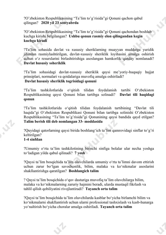 yagona va uzluksiz ?quyidagilarning qaysi biri ta’lim turiga misol bo’la oladi? umumiy orta talim va orta mahsus talim ?quyidagilarning qaysi biri ta’lim sohasidagi asosiy prinsiplardan biri sanaladi? talim faoliyati sohasidagi ochiqlik va shaffoflik ?o’zbekiston respublikasining “ta’lim to’g’risida”gi qonuni qachon qabul qilingan? 2020 yil 23 sentyabrda ?o’zbekiston respublikasining “ta’lim to’g’risida”gi qonuni qachondan boshlab kuchga kirishi belgilangan? ushbu qonun rasmiy elon qilingandan kegin kuchga kiradi ?ta’lim sohasida davlat va xususiy sheriklarning muayyan muddatga yuridik jihatdan rasmiylashtirilgan, davlat-xususiy sheriklik loyihasini amalga oshirish uchun o‘z resurslarini birlashtirishiga asoslangan hamkorlik qanday nomlanadi? davlat hususiy ssheriklik ?ta’lim sohasidagi davlat-xususiy sheriklik qaysi me’yoriy-huquqiy hujjat prinsiplari, normalari va qoidalariga muvofiq amalga oshiriladi? davlat hususiy sheriklik togrisidagi qonuni ?ta’lim tashkilotlarida o‘qitish tilidan foydalanish tartibi o‘zbekiston respublikasining qaysi qonuni bilan tartibga solinadi? davlat tili haqidagi qonun ?ta’lim tashkilotlarida o‘qitish tilidan foydalanish tartibining “davlat tili haqida”gi o‘zbekiston respublikasi qonuni bilan tartibga solinishi o’zbekiston respublikasining “ta’lim to’g’risida”gi qonunining qaysi bandida qayd etilgan? …