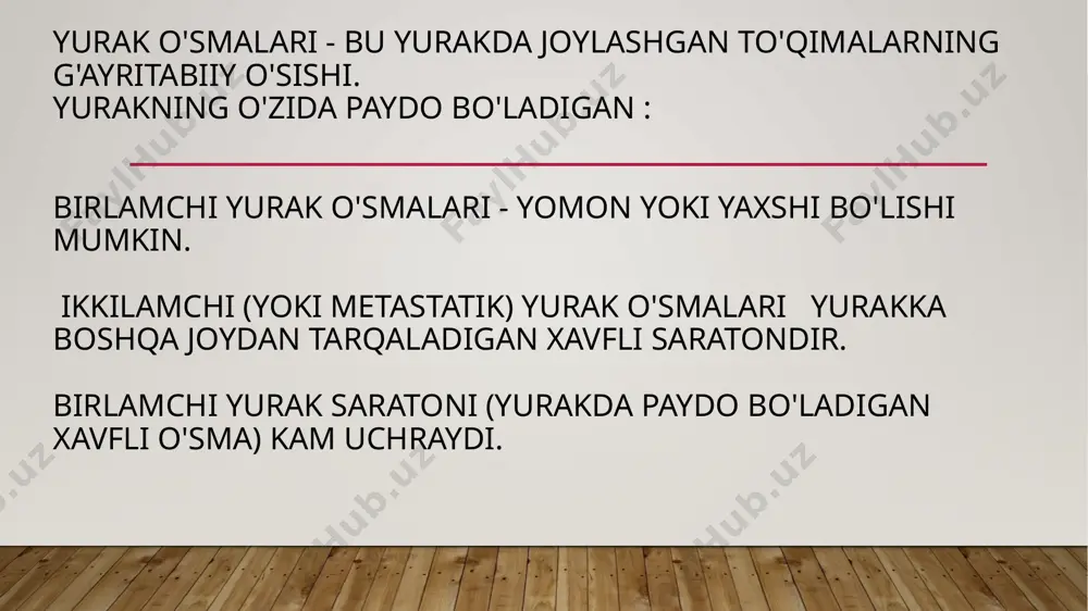 . 7 papillyar fibroelastomalar keyingi eng keng tarqalgan yurak kasalliklari papillyar fibroelastomalardir. bular odatda yurak klapanlaridan birida (odatda mitral qopqoq yoki aorta qopqog'ida) paydo bo'ladigan o'sishdir ular keltirib chiqaradigan alomatlar, odatda, valvulyar disfunktsiyaga emas, balki embolizatsiya bilan bog'liq. jarrohlik yo'li bilan olib tashlash zarur, agar shish kichik bo'lsa va simptomlari yuzaga chiqmasa ham, ba'zi kardiologlar buning o'rniga ehtiyotkorlik bilan kuzatishni tavsiya qiladi. 8 lipomalar lipomalar – bu yog’ hujayralaridan tashkil topgan o'smalar. yurakda lipomalar yurak mushagining ostidan o'sib chiqadi. subendokardial subepicardial yoki miokard doirasida simptomlarsiz kuzatiladi ko'pincha ular hech qanday alomatlarga olib kelmasa ham, lipomalar yurakning impul tizimiga xalaqit berishi mumkin, bu yurak blokadasi ,bo’lma yoki qorincha aritmiyasini keltirib chiqaradi. agar ular etarlicha katta bo'lsa yoki yurak muammolarini keltirib chiqarsa, jarrohlik rezektsiyasi talab qilinishi mumkin. 9 bolalarda uchraydigan yaxshi yurak o’smalari bularga quyidagilar kiradi: rabdomioma: rabdomiyomalar - bu yurak mushagi devorida yoki yurak klapanlarida joylashgan yaxshi o'smalar. bola katta bo’lgan …