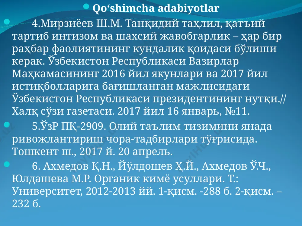 ekti, maqsadi va vazifalari. 2.organik kimyoning asosiy rivojlanish bosqichlari. 3.organik birikmalarning tuzilish nazariyasi. 4.organik birikmalarning nomenklaturasi. organik birikmalarning klassifikatsiyasi. 5.organik birikmalardagi izomeriya va tautomeriya. izomeriya turlari-struktura, holat va fazoviy izomeriya. metameriya, dinamik izomeriya. konformatsiya va konfiguratsiya. 6.optik faol birikmalar. molekulada atomlarning o’zaro ta’siri. induktsion va mezomer ta’sir. 7.organik reaksiyalarning turlari. 8.kislota-asos reaksiyalari. organik birikmalarning kislotaliligi va asosliligi. brensted-louri va lyuis nazariyalari. qattiq va yumshoq kislota asos nazariyasi. 9.organik kimyo fanining rivojida fazoviy tuzilish nazariyasi va kvant kimyoning tutgan o’rni. organik kimyo fanining predmeti, ob’ekti, maqsadi va vazifalari. organik kimyo – bu uglevodorodlar va ularning organogen – elementlar: kislorod, azot, fosfor, oltingugurt va galogenlar bilan hosilalari kimyosi. uglerod birikmalari kimyoning keng sohasini tashkil qiladi. bu uglerod-uglerod orasidagi bog` mustahkam bo`lishi va uzun zanjir hosil qilishi bilan tushuntiriladi, yana boshqa elementlar (bor, kremniy, fosfor va b.) dan farqli holda uglerod bir nechta element bilan bog`langanda ham uning bog`lanishi mustahkam bo`ladi. organik kimyoning …