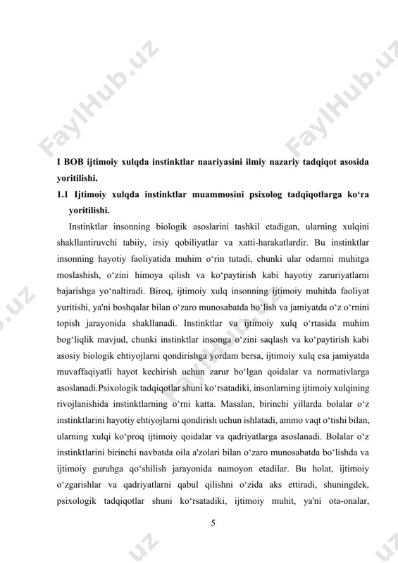 kirish" kitobidagi inson xulq-atvorlarining motivi yoki uni harakatga keltiruvchi kuch instinktlardir, - deb yozgan. keyinchalik u instinkt tushunchasi bilan birga layoqat, intilish iboralarini ham ishlata boshladi. uning fikricha, xulq-atvorni ta’minlovchi narsa tug‘ma, psixofiziologik tayyorlik holati bo‘lib, u nasldan-naslga uzatiladi. makdugall barcha harakatlarni refleksiv holda tushuntirishga intilib, refleksiv yoyga xos bo‘lgan barcha qismlar — ya’ni efferent qabul qiluvchi, retseptiv bo‘lim, efferent (harakat) va markaziy bo‘limdan iborat tizim sifatida tasavvur qiladi. barcha ijtimoiy harakatlar ham ana shunday refleksiv tabiatga egadir, deb uqtiradi u.shunga o‘xshash fikrlar e.ross ("ijtimoiy psixologiya ) va dj.bolduin ("ijtimoiy psixologiya bo‘yicha tadqiqotlar") qarashlarida ham rivojlantirilgan. masalan, bolduin ikki turli irsiyat xaqida — tabiiy va ijtimoiy irsiyat haqida yozib, ijtimoiy odamlardagi taqlid qilish qobiliyati bilan bog‘liq, deb yozadi. jamiyatda yashayotgan odamlar bir-birlariga ta’sirlarini o‘tkazishga moyildirlarki, bu narsa ular o‘rtasidagi munosabatlarni boshqarib turadi.shunday qilib, bu yo‘nalish tarafdorlarining fikricha, barcha ongli harakatlarning boshi — ongsizlikdir, ya’ni instinktlar bo‘lib, ular asosan hissiyotlarda namoyon …