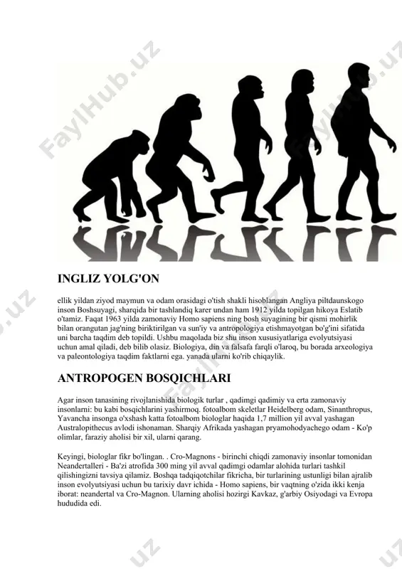 qacha talqin hech kimga sir emas. homo sapiens tarixiy rivojlanishi o'rganishga salbiy rol o'ynadi va faktlar soxtalashtirish hollari. qanday qilib bu antropologiya rivojlantirish aks ettirilgan? ingliz yolg'on ellik yildan ziyod maymun va odam orasidagi o'tish shakli hisoblangan angliya piltdaunskogo inson boshsuyagi, sharqida bir tashlandiq karer undan ham 1912 yilda topilgan hikoya eslatib o'tamiz. faqat 1963 yilda zamonaviy homo sapiens ning bosh suyagining bir qismi mohirlik bilan orangutan jag'ning biriktirilgan va sun'iy va antropologiya etishmayotgan bo'g'ini sifatida uni barcha taqdim deb topildi. ushbu maqolada biz shu inson xususiyatlariga evolyutsiyasi uchun amal qiladi, deb bilib olasiz. biologiya, din va falsafa farqli o'laroq, bu borada arxeologiya va paleontologiya taqdim faktlarni ega. yanada ularni ko'rib chiqaylik. antropogen bosqichlari agar inson tanasining rivojlanishida biologik turlar , qadimgi qadimiy va erta zamonaviy insonlarni: bu kabi bosqichlarini yashirmoq. fotoalbom skeletlar heidelberg odam, sinanthropus, yavancha insonga o'xshash katta fotoalbom biologlar haqida 1,7 million yil avval yashagan australopithecus avlodi …