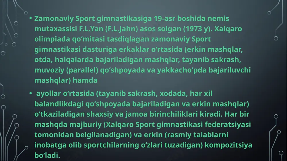 ‘zbekiston sirk va estrada dasturlarida akrobatikadan keng foydalaniladi. maxsus (sirk, teatr) o‘quv yurtlarida akrobatika alohida dars sifatida o‘qitiladi. image2.png image3.png image4.png image5.png image6.png image7.png image8.png image9.png image10.png /docprops/thumbnail.jpeg