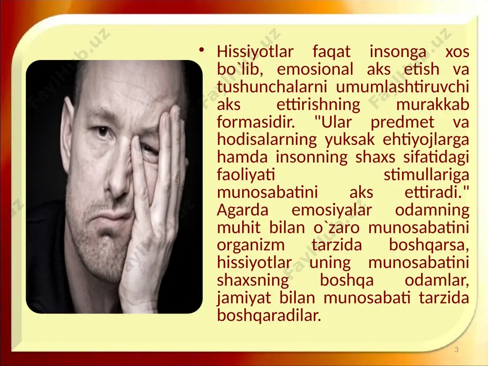 r juda kuchli davom etib, uni etarli o`ylab ko`rilmagan harakatlar qilishga undaydi. emosiyalar ko`pincha kishining xulq atvoriga alohida bir hissiy oxang bagishlaydi, ma`lum darajada davom etadigan ancha mustahkam kechinmalarni vujudga keltiradi. ba`zan his-tuyg`ular birdaniga paydo bo`lib, shiddatli va nisbatan tez o`tadi. ana shu uzoq davom etadigan yoki qisqa muddatli kechinmalar psixik yoki emosional holatlar deb ataladi. ular jumlasiga kayfiyatlar, affektlar (qattiq hayajonlanish), hirslar, frustrasiya, stressli holatlar kiradi. kayfiyat - zaif yoki o`rtacha kuchga ega bo`lgan va odatda ancha barqaror emosional holatdir. frantsuz yozuvchisi mopassan bunday degan edi: "bizning vaqti chog`ligimizni qayg`uga, laqmaligimizni azobga aylantiradigan o`sha sirli ta`sirlar qaerdan kelib chiqadi? men juda xursand bo`lib o`yg`onaman, qo`shiq aytgim keladi. buning sababi nima? daryo bo`ylab pastga tushaman va unchalik ko`p sayr qilmay, to’satdan uyga g`amgin bo`lib qaytaman, guyo uyda meni qandaydir falokat kutayotgandek. buning sababi nima?". bu avtorga sababsiz bo`lib tuyulgan tipik kayfiyatning namunasidir. affekt - tez paydo bo`ladigan, nihoyat darajada kuchli, …