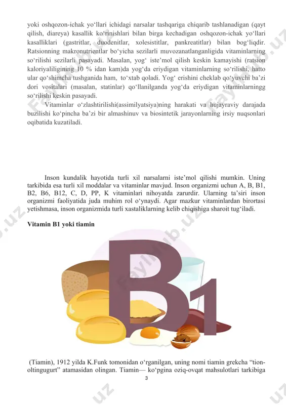 adi. yaxshi alimentar ta’minlash fonida gipovitaminoz rivojlanishiga ko‘proq vitaminlarning absorbsiyalanishi va metabolizlanishi (almashinuvi) buzilishlari sababchi bo‘ladi. xususan, oshqozon-ichak yo‘llarida vitaminlarning so‘rilishiga ovqat tarkibida mavjud bo‘ladigan antialimentar omillar: ovqat tolalari, fitinli birikmalar singari vitamin olinuvchi birikmalar yoki tabiiy sorbentlar halaqit beradi. vitaminlar absorbsiyalanishining pasayishi kislotalilikning fiziologik ko‘rsatkichlari, sekresiyalar, fermentativ faollik, membranalarning o‘tkazuvchanligi yoki oshqozon-ichak yo‘llari ichidagi narsalar tashqariga chiqarib tashlanadigan (qayt qilish, diareya) kasallik ko‘rinishlari bilan birga kechadigan oshqozon-ichak yo‘llari kasalliklari (gastritlar, duodenitlar, xolesistitlar, pankreatitlar) bilan bog‘liqdir. ratsionning makronutrientlar bo‘yicha sezilarli muvozanatlanganligida vitaminlarning so‘rilishi sezilarli pasayadi. masalan, yog‘ iste’mol qilish keskin kamayishi (ratsion kaloriyaliligining 10 % idan kam)da yog‘da eriydigan vitaminlarning so‘rilishi, hatto ular qo‘shimcha tushganida ham, to‘xtab qoladi. yog‘ erishini cheklab qo‘yuvchi ba’zi dori vositalari (masalan, statinlar) qo‘llanilganda yog‘da eriydigan vitaminlarningg so‘rilishi keskin pasayadi. vitaminlar o‘zlashtirilishi(assimilyatsiya)ning harakati va hujayraviy darajada buzilishi ko‘pincha ba’zi bir almashinuv va biosintetik jarayonlarning irsiy nuqsonlari oqibatida kuzatiladi. inson kundalik hayotida turli xil narsalarni iste’mol qilishi …
