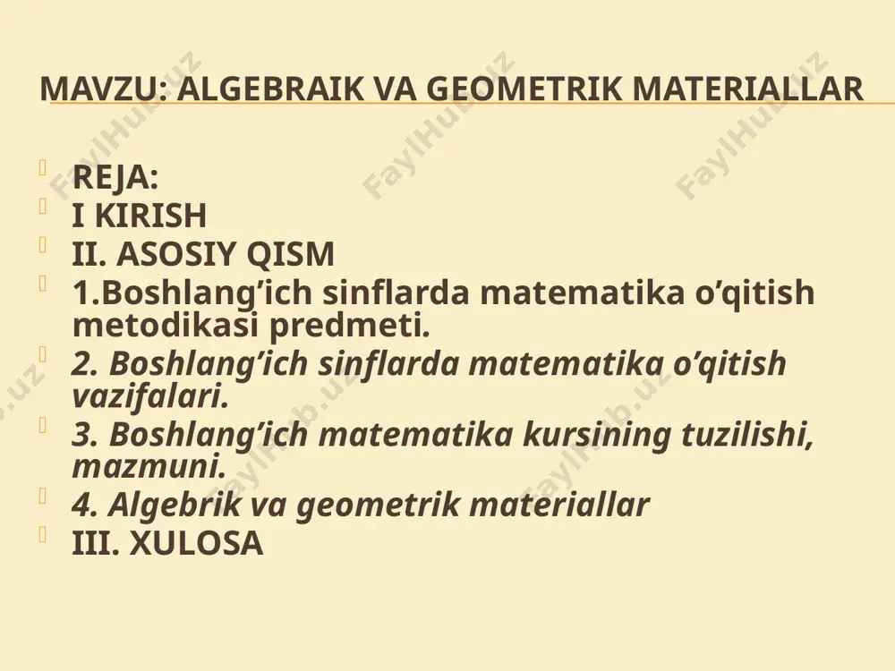 parvalik, mehnatsevarlik ruhida tarbiyalashdan iborat. fanni o’rganish natijasida o’quvchilar quyidagi ko’nikmalarga ega bo’lishlari kerak: umumiy matematik tushunchalar; fikrlar, “va”, “yoki”, “emas” so’zlarining ma’nosi; kvantorlar haqida tushuncha; to’plamlar va ular orasidagi munosabatlar; munosabat va moslik haqida tushunchalar; sonlarning o’nli sanoq sistemasidagi yozuvini o’zlashtirish; o’nli sanoq sistemasida ko’p xonali sonlar ustida arifmetik amallar bajarish, puxta hisoblash ko’nikmalarni hosil qilish; manfiy bo’lmagan butun sonlarning bo’linuvchanligi; bir o’zgaruvchili tenglama va tengsizliklarni yechish; matematika o’qitish metodikasi fanining boshqa fanlar bilan bog’liqligi; boshlang’ich matematika fanining tuzilish xususiyatlari; boshlang’ich sinf matematika fanining dasturi, dts, o’qituvchi va o’quvchilar uchun nashr etilgan o’quv qo’llanmalarining mazmunini bilish; ko’rgazma qurollar va texnika vositalaridan foydalanish; matematika fanidan ma’lum bo’lim va mavzularni o’rgangandan so’ng biror darsning ishlanmasini tuzish; sinfdan tashqari ishlarni tashkil qilish xususiyatlari, ularning turlari. fanni o’rganish natijasida o’quvchilar quyidagi bilimlarga ega bo’lishlari kerak: matematika o’qitish metodikasining maqsad va vazifalarini, tarkibiy qismini; matematik jumlalarni to’g’ri tuzish va ifoda etish; natural son va …
