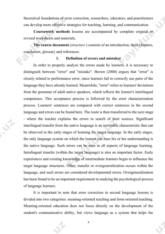 cteristic that can be observed in the early stages of learning the target language. in the early stages, the only language system on which the learner can base his or her understanding is the native language. such errors can be seen in all aspects of language learning. intralingual transfer (within the target language) is also an important factor. early experiences and existing knowledge of intermediate learners begin to influence the target language structures. often, transfer or overgeneralization occurs within the language, and such errors are considered developmental errors. overgeneralization has been found to be an important requirement in studying the psychological process of language learners. it is important to note that error correction in second language lessons is divided into two categories: meaning-oriented teaching and form-oriented teaching. meaning-oriented education does not focus directly on the development of the student's communicative ability, but views language as a system that helps the …