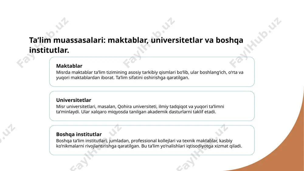 ijtimoiy va iqtisodiy rivojlanishida muhim rol o'ynaydi, yangi avlodni tarbiyalashda asosiy asosdir. 2 innovatsiyalar va o'zgarishlar taʼlim tizimidagi innovatsiyalar, masalan, raqamli taʼlim platformalari, o'quv jarayonini yanada samarali va qiziqarli qiladi. 3 muammolar va yechimlar zamonaviy muammolar, jumladan, sifat va taʼlim imkoniyatlaridagi tengsizlik, taʼlim siyosatida yangi yechimlar talab qiladi va innovatsiyalarni qo'llashni taqozo etadi. e'tiboringiz uchun rahmat! /docprops/thumbnail.jpeg