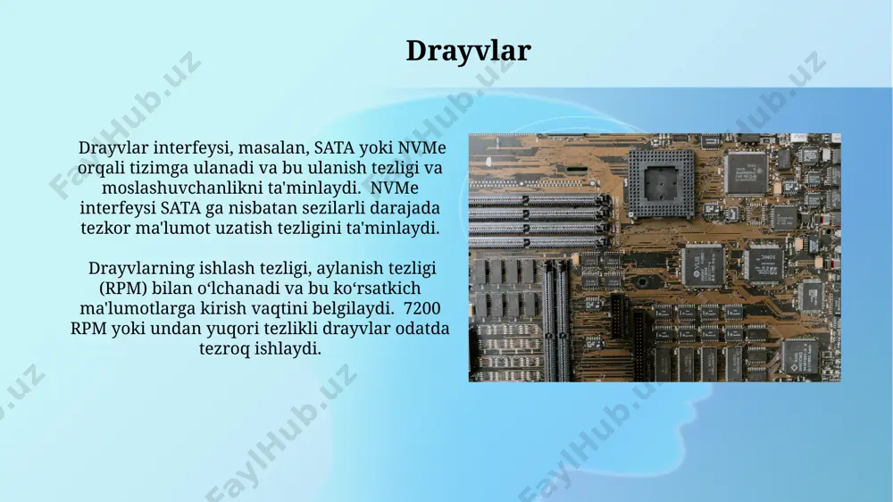 uterni viruslardan himoya qilish uchun kamida 3 ta antivirus dasturi o'rnatish va ularni muntazam yangilab turish tavsiya etiladi, bu esa 90% dan ortiq tahdidlarni bartaraf etishga yordam beradi. kompyuter tarmoqqa ulangan bo'lsa, firewall (devor) va vpn kabi himoya vositalaridan foydalanish, cyber hujumlardan 70% gacha himoya qiladi. chiqish qurilmalari (output devices) chiqish qurilmalari turli xil formatlarda, masalan, matn, rasm va audio kabi 20 dan ortiq ma’lumot turlarini namoyish eta oladi, bu ularning ko‘p qirrali ekanligini ko‘rsatadi. monitorlar, printerlar va proyektorlar kabi chiqish qurilmalari har xil piksel zichligi va o'lchamlarida mavjud bo'lib, 1080p dan 4k gacha bo'lgan rezolyutsiyalarni qo'llab-quvvatlaydi. kompyuterning asosiy komponentlari kompyuterning asosiy taxta (motherboard)si protsessor, ram, grafik karta va boshqa komponentlarni birlashtiruvchi, taxminan 20-30 sm kattalikdagi elektron platadır. kompyuterning operativ xotirasi (ram) 4gb, 8gb yoki undan ko'p bo'lishi mumkin va ma'lumotlarni tezkor qayta ishlash uchun zarurdir, tezligi esa mhz da o'lchanadi. grafik karta (gpu) gpularning ishlash ko'rsatkichlari, masalan, flops (floating-point …