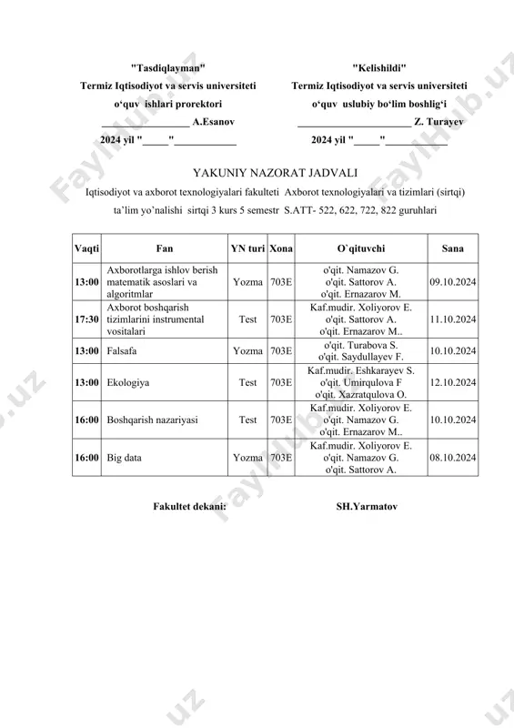 'qit. sattorov a. o'qit. ernazarov m.. 11.10.2024 13:00 falsafa yozma 703e o'qit. turabova s. o'qit. saydullayev f. 10.10.2024 13:00 ekologiya test 703e kaf.mudir. eshkarayev s. o'qit. umirqulova f o'qit. xazratqulova o. 12.10.2024 16:00 boshqarish nazariyasi test 703e kaf.mudir. xoliyorov e. o'qit. namazov g. o'qit. ernazarov m.. 10.10.2024 16:00 big data yozma 703e kaf.mudir. xoliyorov e. o'qit. namazov g. o'qit. sattorov a. 08.10.2024 fakultet dekani: sh.yarmatov