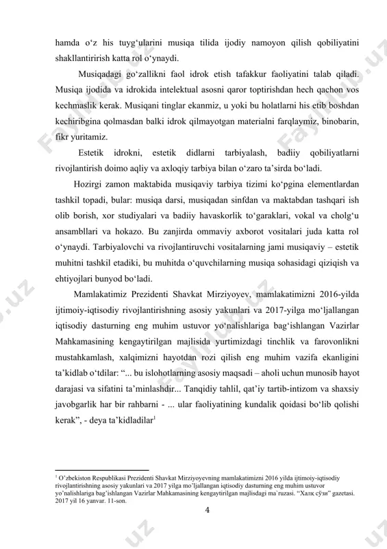 uchun zarur sharoitlar yaratishga yo`naltirilgan. uchinchi tashabbus aholi va yoshlar o`rtasida kompyuter texnologiyalari va internetdan samarali foydalanishni tashkil etishga qaratilgan. to`rtinchi tashabbus yoshlar maonaviyatini yuksaltirish,ularni o`rtasida kitobxonlikni keng targ`ib qilish bo`yicha tizimli ishlar tashkil etishga yo`naltirilgan. beshinchi tashabbus xotin-qizlarni ish bilan taominlash masalalari nazarda tutilgan. mustaqil o‘zbekistonning porloq kelajagini bunyod etuvchi, vatan istiqboli uchun o‘z ulushini qo‘shuvchi har bir inson madaniy va ma’rifiy jihatdan boy, ruxan go‘zal bo‘lishi kerak. ozod yurtimizning ravnaqi va kelajagi yoshlarga bog‘liq. bunda, albatta oila, bog‘cha, maktab va maktabdan tashqari muassasalarning roli beqiyosdir. shaxsning rivojlanishiga salmoqli va samarali ta’sir ko‘rsatadigan, madaniyatini yuksaltiradigan muxim omillardan biri musiqiy ta’lim tarbiya hisoblanadi. chunki musiqa kishini xush fazilatli, samimiy, ziyrak, ko‘ngilchan, yuksak axloqli fazilatli, hamda madaniyat, ma’naviyat egasi bo‘lib yetishishiga yordam beradi. bundan tashqari musiqa bolalar ruxiyatiga ham ijobiy ta’sir ko‘rsatadi. bolalarni eshitish qobiliyati, ko‘rish xotirasi, tafakkuri, diqqati rivojlanadi. insonning kamolga yetishiga musiqaning bag‘oyatda kuchli ta’siri shu kunlargina emas, balki …