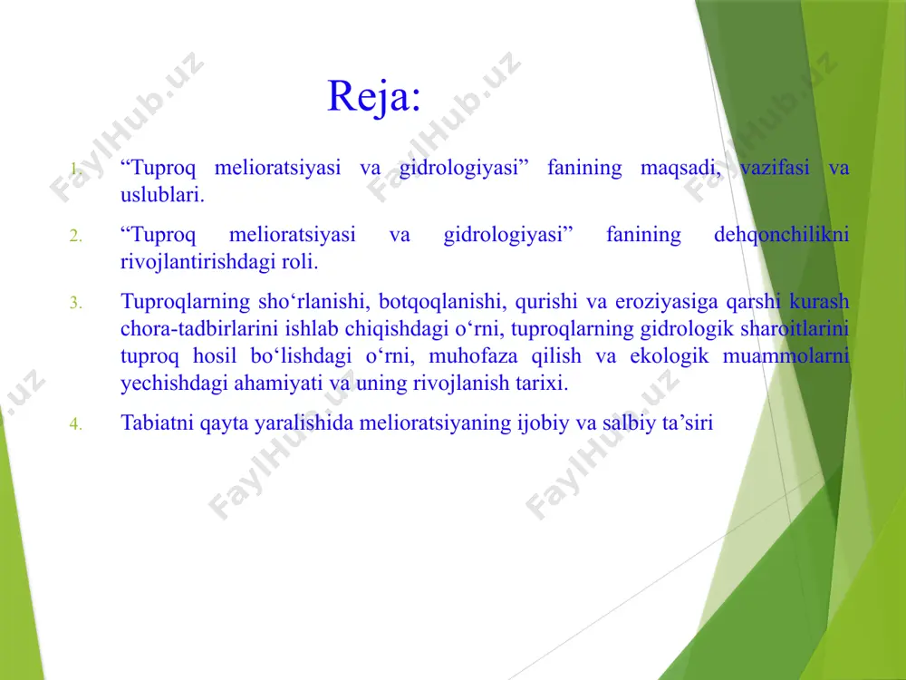 atini yaxshilash muhim o’rin tutadi. tabiatshunos olimlar, ekologlar, tuproqshunoslar, melioratorlar, iqtisodchilar, huquqshunoslar tuproq qatlamining tez buzilib va ba’zida o’rnini to’ldirib bo’lmaydigan talofatlardan, shuningdek, keng tarqalayotgan tuproq inqirozi holatlaridan chuqur tashvishga tushib qolishgan sobiq ittifoq davrida bu holatlarga jiddiy e’tibor berilmay kelingan, chunki tuproq qatlamidan eng avvalo dehqonchilik, suv va o’rmon xo’jaligida, sanoat, qurilish, transport, aloqa xo’jaligida, geologiya qidiruv ishlari va boshqa mahsulot ishlab chiqarish uchun foydalanish muhim bo’lib, yerdan oqilona foydalanish va uni muhofaza qilishga qaratilgan qonunlar yetarli ishlamagan va takomillashtirilmagan, yer resurslaridan oqilona foydalanilmagan. natijada yerning meliorativ holati yaxshilanmagan, tuproq sho’rlanishi, degumifikatsiyasi, eroziyasi, berchlanishi, agroximikatlar va og’ir metallar bilan bulg’alanish, sahrolanish yoki o’ta namlanishi yuzaga kelgan. o’zbekiston respublikasi mustaqil davlat deb e’lon qilingan kundan boshlab, o’z hududida yer munosabatlarini tartibga solishda va rivojlantirishda to’la mustaqillikka erishganligi uning yerlardan oqilona foydalanish, meliorativ holatini yaxshilash va muhofaza qilishning huquqiy asosini yaratish va takomillashtirishning imkonini berdi. mamlakatimiz agrar sohasida islohotlarni huquqiy jihatdan …