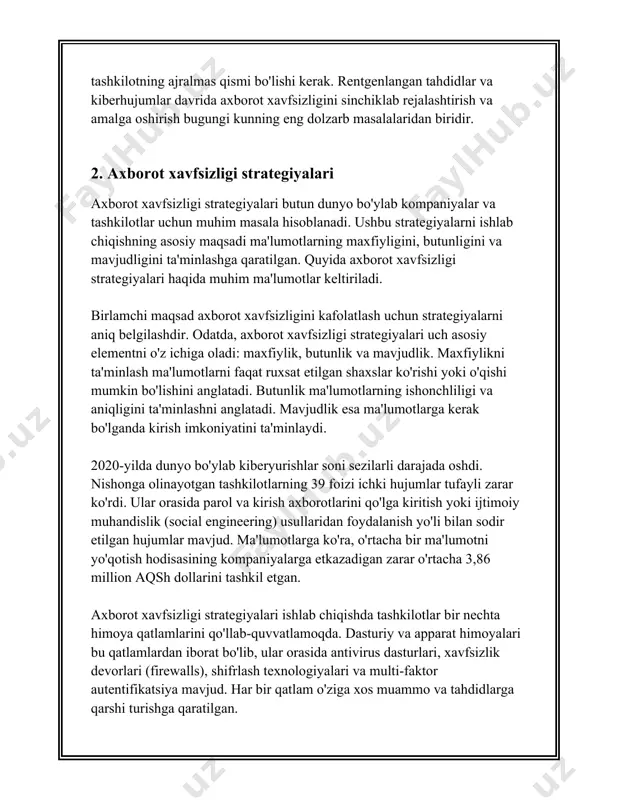 t shifrlashi**: bu usulda bir xil kalit ma'lumotlarni shifrlash va deshifrlash uchun ishlatiladi. simmetrik kalit algoritmlarining misollariga aes (advanced encryption standard), des (data encryption standard), va triple des kiradi. aes eng mashhur hisoblanib, turli uzunlikdagi kalitlar bilan ishlaydi: 128-bit, 192-bit, va 256-bit. 2. **asimmetrik kalit shifrlashi**: asimmetrik shifrlashda ikkita turli kalit ishlatiladi: ochiq kalit va yopiq kalit. bu ikki kalit matematik aloqada bo'lsa-da, biri ikkinchisini oshkor qilmaydi. rsa (rivest-shamir-adleman) algoritmi eng keng tarqalgan asimmetrik shifrlash usullaridan biridir. ushbu usulda uzun kalitlar ishlatiladi, masalan, 2048-bitli kalitlar, bu xavfsizlikni oshiradi. 3. **hmac va mac (message authentication code)**: bu usullar ma'lumotlar yaxlitligi va autentifikatsiyasini ta'minlash uchun ishlatiladi. hmac (hash-based message authentication code) hash funktsiyalariga asoslanadi va xabarlar uchun autentifikatsiya kodi yaratadi. bu ko'plab umumiy shifrlash protokollarida, jumladan, tls (transport layer security) va ipsec-da qo'llaniladi. 4. **xashing**: xash funksiyalari ma'lumotlarni keskin qisqartirish uchun ishlatiladi va ular odatda bir tomonlama, ya'ni xashdan asl ma'lumotni tiklash …