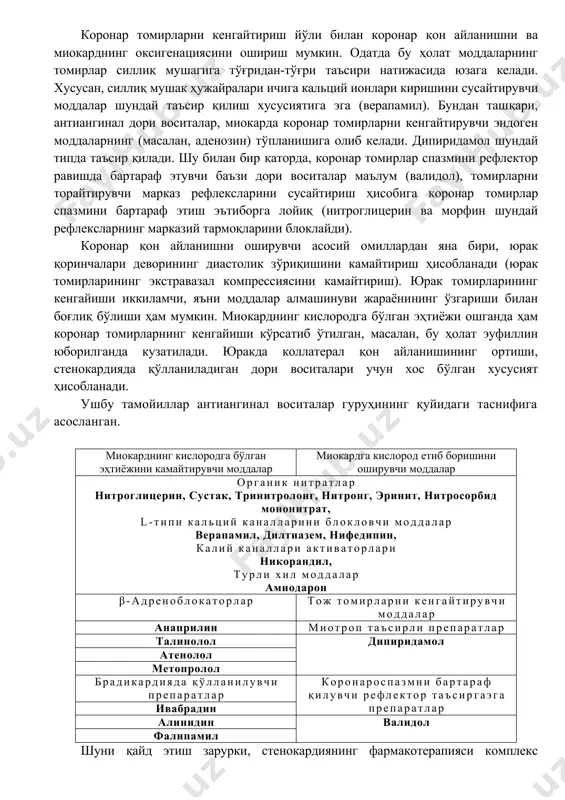 ya (masalan, β-adrenoblokatorlar) va miokard hujayralarida kaltsiy ionlari miqdori pasayganda ham yuzaga kelishi mumkin. yurakning kislorodga bo'lgan talabi yurak qisqarishlar soni kamayganda (bradikardiya chaqiruvchi dori vositalar orqali) va miokard metabolizmi susayganda ham kuztiladi. 1-jadval: yurakning kislorodga bo'lgan talabini va kislorod etkazib berilishini aniqlovchi omillar. o2 ga bo'lgan talab o2 etkazib berilishi diastolik bosim (old-yuklama) sistolik bosim (keyingi-yuklama) miokard devorining zo'riqishi yurak qorinchalari hajmi yurak o'lchami (radiusi) qorincha bosimi yurak qisqarishlar soni qiskaruvchanlik qondan o2 ekstraktsiyasi (%) koronar qon aylanish aortadagi diastolik bosim koronar arteriolalar qarshiligi metabolik autoregulyatsiya (adenozin) endokardial-epikardial (koronar qon aylanish) koronar kollateral qon aylanish yirik koronar arteriyalar diametri koronar tomirlarni kengaytirish yo'li bilan koronar qon aylanishni va miokardning oksigenatsiyasini oshirish mumkin. odatda bu holat moddalarning tomirlar silliq mushagiga to'g'ridan-to'g'ri ta'siri natijasida yuzaga keladi. xususan, silliq mushak hujayralari ichiga kaltsiy ionlari kirishini susaytiruvchi moddalar shunday ta'sir qilish xususiyatiga ega (verapamil). bundan tashqari, antianginal dori vositalar, miokarda koronar tomirlarni kengaytiruvchi …
