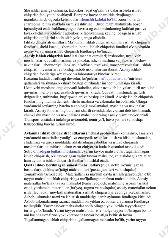 i turiari nisbatan mustaqil bo'lib, bir-birini to'ldirib keladi. tadbirkorlik faoliyatining barcha turlarini belgilab beruvchi ishlab chiqarish tadbirkorligining ustuvorligini tan olish kerak. innovation, ilmiy-texnik faoliyat, tovarlarni bevosita ishlab chiqarish, xizmat ko'rsatish va shu sohadagi axborot bilan ishlash faoliyati ishlab chiqarish tadbirkorligiga kiradi. ishlab chiqarish bilan shug ullanmo qchi bo'lgan har bir ishbilarmon tadbirkorlik faoliyatining qaysi turi bilan shug'ullanishi, qanday mahsulot ishlab chiqarishi, qanday xizmat ko'rsatishini oldindan belgilab olishi lozim. shu ish amalga oshgandan keyin tadbirkor marketing bilan shug ullanadi. u tovarga talabni bilish maqsadida tovarning potenuial iste’molchilari, xaridorlari, ulgurji va chakana savdo bilan shug ullanuvchi tashkilotlar bilan aloqa qiladi. muzokaralar ishbilarmon va bo'lajak xaridorlar o'rtasida shartnoma tuzilishi bilan yakunlanadi. tuzilgan shartnoma tadbirkorlikdagi tavakkalchilikning oldini olish imkonini beradi. shu ishlar amalga oshmasa, tadbirkor faqat og'zaki va’dalar asosida ishlab chiqarish faoliyatini boshlaydi. barqaror bozor sharoitida rivojlangan mamlakatlarda og zaki kelishuvlar ishonchli kafolat bo’lib, zarur hollarda shartnoma, bitim shaklida rasmiylashtiriladi. biroq mamlakatimizda bozor iqtisodiyoti …