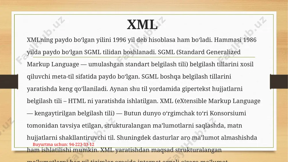 u bo‘limda faqat to‘g‘ri tuzilgan xml-hujjatlar sintaksisi haqida so‘z yuritiladi. xml – ixtiyoriy ma’lumotni o‘zida saqlashga mo‘ljallangan matn shaklidagi ierarxik struktura. bunday struktura tashqi ko‘rinishidan elementlar daraxti tarzida tasavvur etilish mumkin. xml elementlari teglar tarzida aniqlanadi. misol tarzida xml yordamida belgilangan oddiy kulinariya retseptini ko‘rishimiz mumkin: muka drojji tyoplaya voda sol smeshat vse ingredienti i tshatelno zamesit. zakrit tkanyu i ostavit na odin chas v tyoplom pomeshenii. zamesit yeshyo raz, polojit na protiven i postavit v duxovku. buyurtma uchun: 94-223-33-12 xml e’lonlar xml-hujjatning birinchi satri xml e’lon deyiladi (xml declaration). bu zarur bo‘lmagan satrda xml standart versiyasi va simvollar kodirovkasi e’lon qilinadi. xml-protsessor albatta utf-8, utf-16 yunikod-kodirovkalarni tanishi talab qilinadi. boshqa keng ishlatiladigan iso/iec 8859 standartga asoslangan windows-1251, koi-8 ruscha kodirovkalarni ham tanishi mumkin. maxsus simvollar xml-hujjatda maxsus ishlatiladigan simvollar aniqlangan. maxsus simvollar boshqa simvollardan oldidan ampersend belgisi (&) va ortidan keyin nuqta vergul (;) qo‘yib ajratiladi. oldindan aniqlangan maxsus …