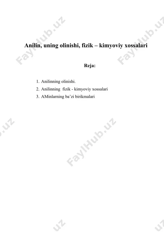 chi aminlar ammiakdagi bitta vodorod atomiga radikal almashgan mahsulotlardir. birlamchi aminlarning umumiy formulasi : · alifatik qatorlarniki r – nh2; · aromatik qatorlarniki ar – nh2; birlamchi aminlarning molekulyar massalari : · alifatik qatorniki m = 14n+17. bu yerda n≥1; · aromatik qatorniki : m = 14n+9. bu yerda n≥6; alifatik aminlarning birinchi vakili ch3 – nh2 metilamin, aromatik aminlarning birinchi vakili c6h5 – nh2 – fenilamin. birlamchi aminlarga alifatik va aromatik uglevodorodlardagi bitta vodorod atomiga aminogruppa – nh2 almashgan mahsulotlar deb ham qarash mumkin. ikkilamchi aminlar. ikkilamchi aminlar - nh3 dagi ikkita vodorod atomiga bir xil yoki har xil radikallar almashgan moddaladir. ikkilamchi aminlarning umumiy formulalari : · alifatik qatorniki : r – nh – r; · aromatik qatorniki : ar – nh – ar; c6h5 – nh- c6h5, yoki ar – nh – r. ikkilamchi alifatik aminlarni gomologik qatorini birinchi vakili ch3 – nh – ch3 dimetilamin, aromatik …