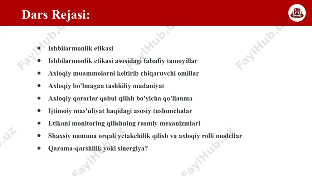 orlari shaxsiy munosabatini ko'rsatmasligi shaxslararo ziddiyatli holatlarga (noto'g'ri talqin qilish, o'zaro hujumlar, jazavaga tushish va boshqalar) olib kelishi mumkin bo'lgan vaziyatlarni qo'zg'atmasligi kerak qo'pollikka, qo'l ostidagining insoniy qadr-qimmatini kamsitishga yo'l qo'ymasligi kerak boshqalar rahbarning shaxsiy fazilatlar; maqsad va munosabatlarni aniq shakllantirish qobiliyati; boshqalarning fikrini tinglashga tayyorlik, xolislik, befarqlik va sodiqlik; odamlarni birlashtirish qulay ish muhitini yaratish qobiliyati axloqiy bo’lmagan tashkiliy madaniyat tashkilotlar pul yuvish va boshqa noqonuniy moliyaviy operatsiyalardan qochishlari va jinoiy biznesni qo'llab-quvvatlamasliklari kerak. biroq, ba'zi biznes vakillari, bunda ular "o'z yo'lidan" borishadi - ikkita axloq yo'li - biri o'zlari uchun, ikkinchisi sherik uchun. biznes axloqi haqida turli nuqtai nazarlar va qarashlar nima? tanqidchilar kim? biznes axloqi haqida turli nuqtai nazarlar va qarashlar - bu, ba'zilar nuqtai nazaridan, qonunchilik doirasida omon qolish va korxonaning yanada rivojlanishini ta'minlaydigan har qanday afzalliklardan foydalanishga yo'l qo'yilishiga asoslanadi bu biznesda mahsulotni muvaffaqiyatli sotish uchun mukofotlar berilishiga asoslanadi, ammo hozirgacha hech kim halollik, rostgo'ylik …