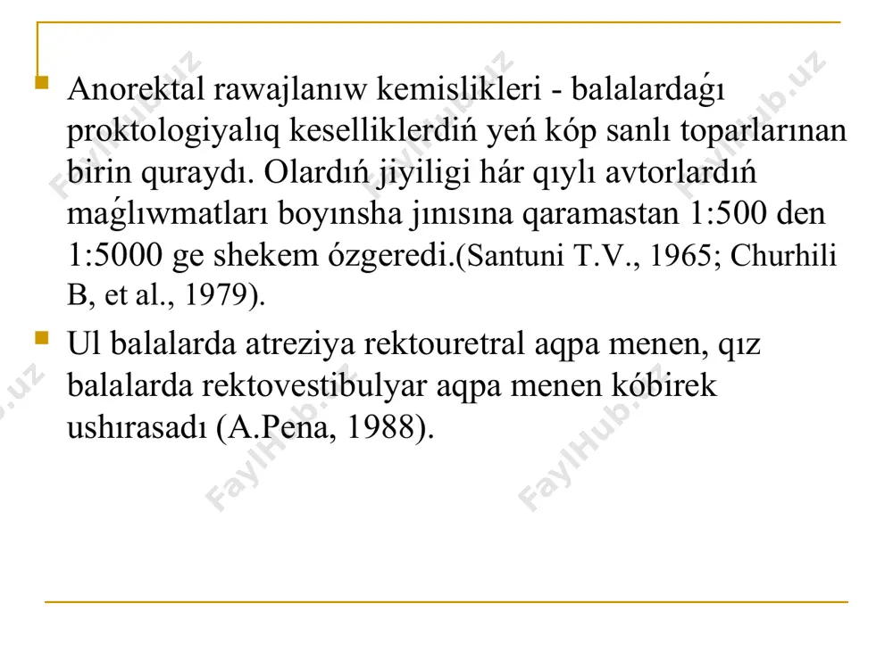 ıladi. arqa shıǵarıw tesigi hám tuwrı ishektiń rawajlanıw kemislikleri: a - arqa shıǵarıw tesigi atreziyası; b - tuwrı ishek atreziyası; v - arqa shıǵarıw tesigi hám tuwrı ishek atreziyası; g, d - tuwrı ishek atreziyası, quwıq, uretraǵa oqpası; e - tuwrı ishek atreziyası, jatırǵa aqpası; j, z - tuwrı ishek atreziyası, qınǵa aqpası, qın kiriw tesigi. i, k-tuwrı ishektiń atraziyası aralıq hám yorǵaq aqpası menen; l, m, n-anal shıǵarıw tesigi, tuwrı ishek, anal shıǵarıw tesigi hám tuwrı ishektiń tarayıwı. anus atreziyası, enniń bóliniwi, gipospadiya, rekto-aralıq aqpa. anal kanalınıń aralıq ektopiyası atresia ani ректопромежностный свищ ректо-промежностный свищ. гипертрофированный анальный сосочек atresia ani atresia ani atresia ani recto вестибулярный свищ положение ребенка при исследовании по вангенстину-райсу atresia ani ректоуретральный свищ ренгенологическое исследование по вангенстину-каковичу-райсу atresia ani at recti atresia ani подлеваторная форма атрезии рентгенограмма по вангенстину надлеваторная –высокая форма атрезии лечение. все виды атрезии заднепроходного отверстия и прямой кишки подлежат хирургическому лечению …