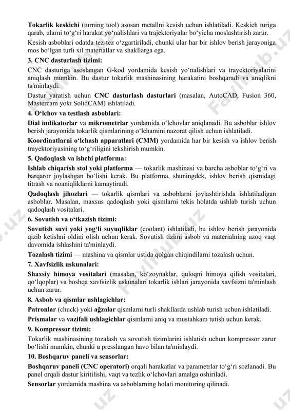 elgilash zarur. bularni dasturda g-kod yordamida belgilash mumkin. kesish jarayoni: masalan, g1 kodi orqali kesish jarayoni (linyaviy interpolatsiya) amalga oshiriladi, va g2 yoki g3 kodi esa burilish va aylanma kesish (doira yoki arc) uchun ishlatiladi. dastur yaratish jarayonida trayektoriyalarni to‘g‘ri qurish, samarali va aniq ishlov berishga yordam beradi. 16k20f3s32 rusumli tokarlik moslashuvchan ishlab chiqarish modulida keskichning harakat yo‘nalishlarini va trayektoriyalarini qurishda ishlatiladigan kerakli jihozlar quyidagilar: 1. tokarlik mashinasi (cnc tokarlik mashinasi): bu mashina markazlashtirilgan harakatlarni amalga oshirishga mo‘ljallangan, va asosan x va z o‘qlarida harakatlanadigan birliklardan iborat. tokarlik mashinasining cnc (computer numerical control) tizimi dastur orqali avtomatik boshqariladi, bu esa trayektoriyalarni aniqlashga yordam beradi. 2. keskich (kesish asbobi): tokarlik keskichi (turning tool) asosan metallni kesish uchun ishlatiladi. keskich turiga qarab, ularni to‘g‘ri harakat yo‘nalishlari va trajektoriyalar bo‘yicha moslashtirish zarur. kesish asboblari odatda tez-tez o‘zgartiriladi, chunki ular har bir ishlov berish jarayoniga mos bo‘lgan turli xil materiallar va shakllarga ega. 3. …